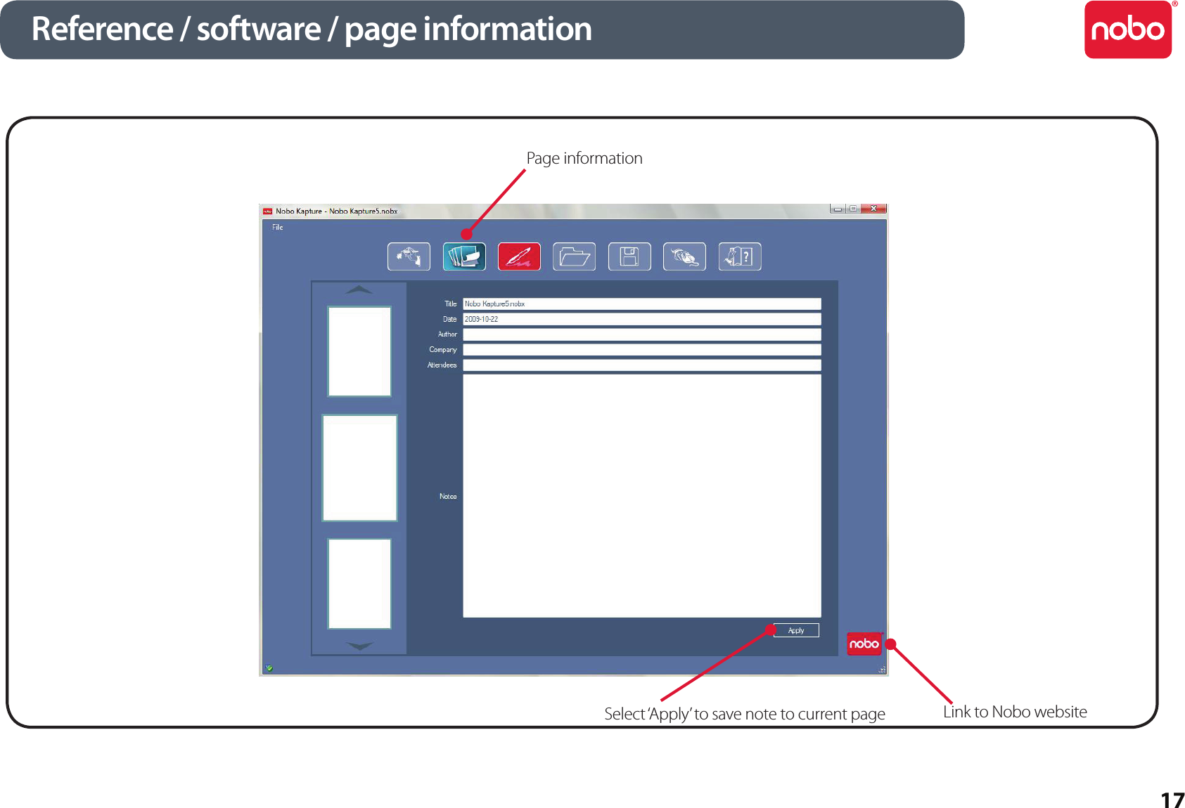17Reference / software / page informationLink to Nobo websitePage informationSelect ‘Apply’ to save note to current page