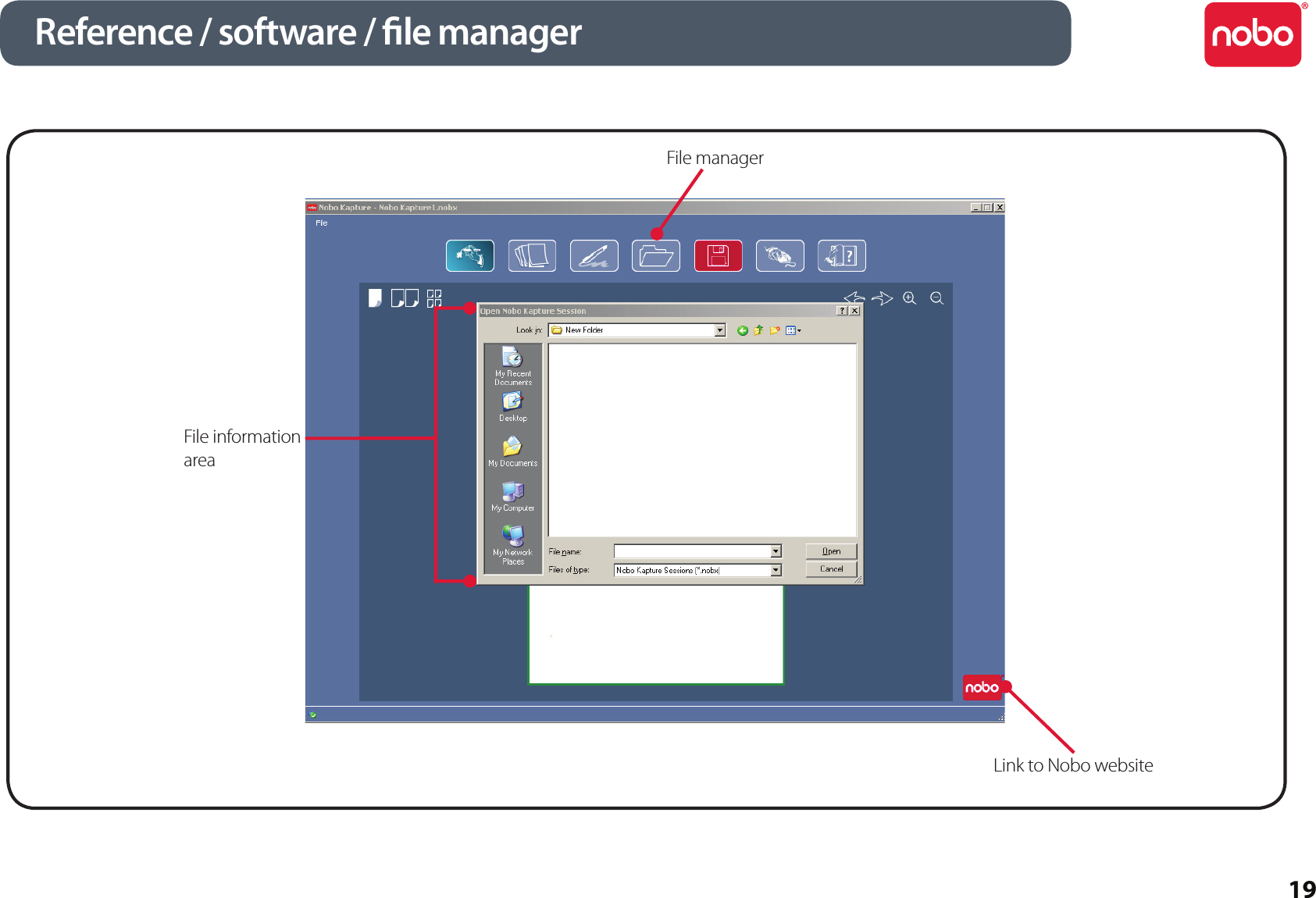 19Reference / software / le managerFile information areaLink to Nobo websiteFile manager