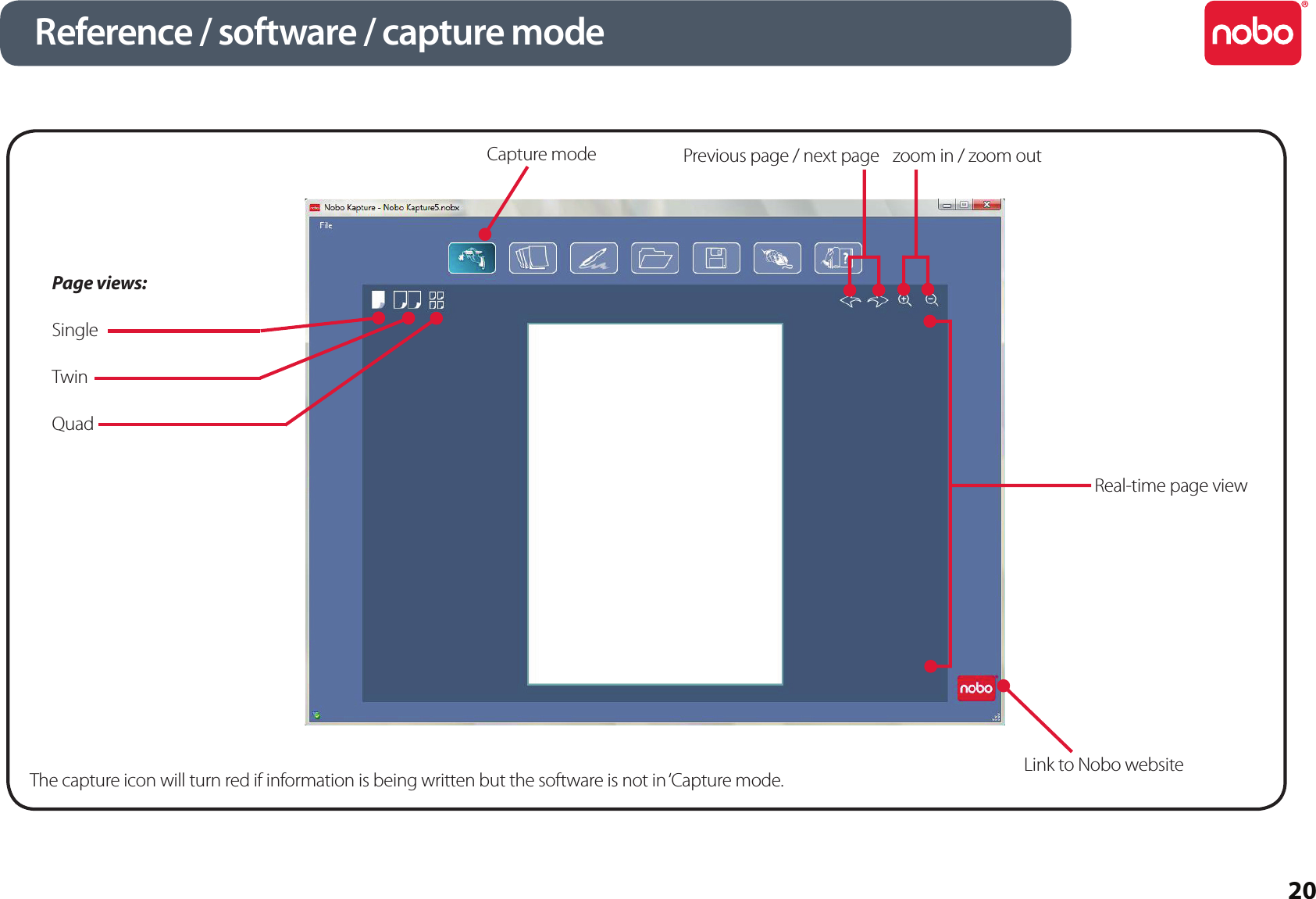 20Reference / software / capture modeLink to Nobo websiteCapture modePage views:SingleTwinQuadPrevious page / next page  zoom in / zoom outReal-time page viewThe capture icon will turn red if information is being written but the software is not in ‘Capture mode.