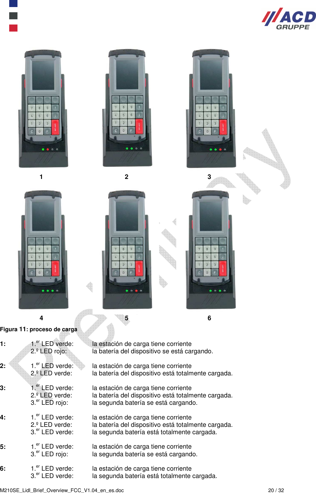  M210SE_Lidl_Brief_Overview_FCC_V1.04_en_es.doc  20 / 32         1       2                 3        4       5                 6 Figura 11: proceso de carga  1:  1.er LED verde:  la estación de carga tiene corriente   2.º LED rojo:  la batería del dispositivo se está cargando.  2:  1.er LED verde:  la estación de carga tiene corriente   2.º LED verde:  la batería del dispositivo está totalmente cargada.  3:   1.er LED verde:  la estación de carga tiene corriente   2.º LED verde:  la batería del dispositivo está totalmente cargada.   3.er LED rojo:  la segunda batería se está cargando.  4:   1.er LED verde:  la estación de carga tiene corriente   2.º LED verde:  la batería del dispositivo está totalmente cargada.   3.er LED verde:  la segunda batería está totalmente cargada.  5:   1.er LED verde:  la estación de carga tiene corriente   3.er LED rojo:  la segunda batería se está cargando.  6:   1.er LED verde:  la estación de carga tiene corriente   3.er LED verde:  la segunda batería está totalmente cargada. 