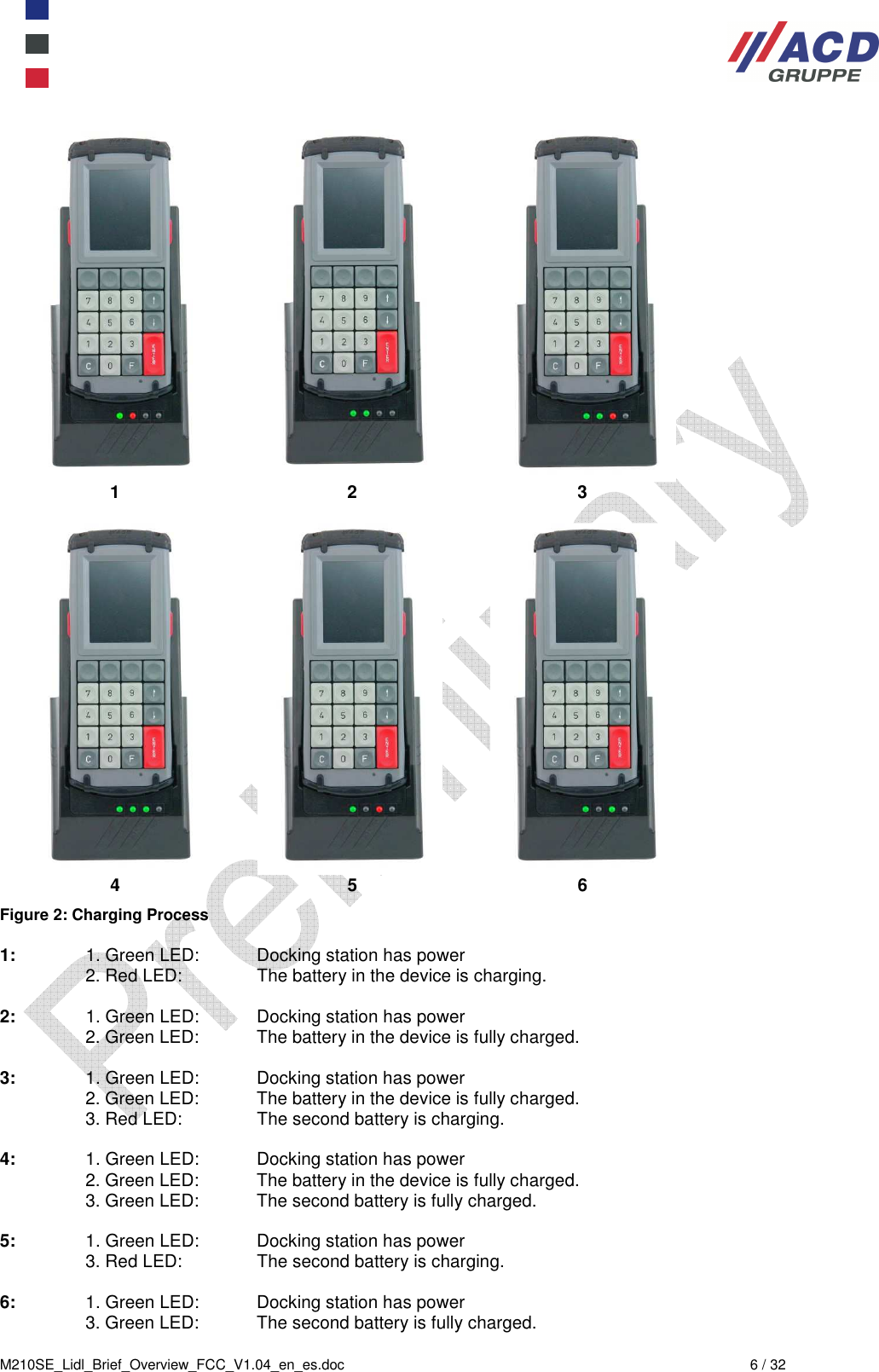  M210SE_Lidl_Brief_Overview_FCC_V1.04_en_es.doc  6 / 32         1       2                 3        4       5                 6 Figure 2: Charging Process  1:  1. Green LED:  Docking station has power   2. Red LED:  The battery in the device is charging.  2:  1. Green LED:  Docking station has power   2. Green LED:  The battery in the device is fully charged.  3:   1. Green LED:  Docking station has power   2. Green LED:  The battery in the device is fully charged.   3. Red LED:  The second battery is charging.  4:   1. Green LED:  Docking station has power   2. Green LED:  The battery in the device is fully charged.   3. Green LED:  The second battery is fully charged.  5:   1. Green LED:  Docking station has power   3. Red LED:  The second battery is charging.  6:   1. Green LED:  Docking station has power   3. Green LED:  The second battery is fully charged. 