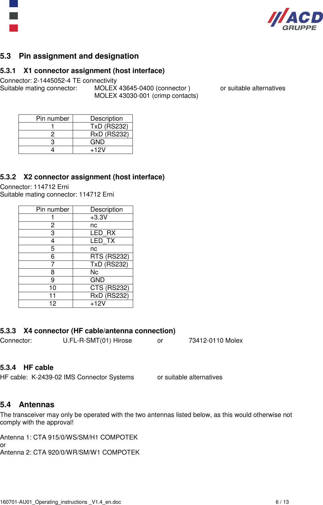  160701-AU01_Operating_instructions _V1.4_en.doc  6 / 13 5.3  Pin assignment and designation 5.3.1  X1 connector assignment (host interface) Connector: 2-1445052-4 TE connectivity Suitable mating connector:  MOLEX 43645-0400 (connector )  or suitable alternatives       MOLEX 43030-001 (crimp contacts)   Pin number Description 1 TxD (RS232) 2 RxD (RS232) 3 GND 4 +12V   5.3.2  X2 connector assignment (host interface) Connector: 114712 Erni Suitable mating connector: 114712 Erni  Pin number Description 1 +3.3V 2 nc 3 LED_RX 4 LED_TX 5 nc 6 RTS (RS232) 7 TxD (RS232) 8 Nc 9 GND 10 CTS (RS232) 11 RxD (RS232) 12 +12V   5.3.3  X4 connector (HF cable/antenna connection) Connector:  U.FL-R-SMT(01) Hirose  or  73412-0110 Molex   5.3.4  HF cable HF cable:  K-2439-02 IMS Connector Systems  or suitable alternatives   5.4  Antennas The transceiver may only be operated with the two antennas listed below, as this would otherwise not comply with the approval!  Antenna 1: CTA 915/0/WS/SM/H1 COMPOTEK or Antenna 2: CTA 920/0/WR/SM/W1 COMPOTEK  