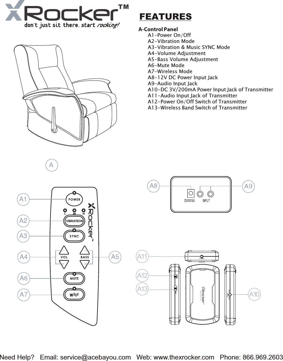 Need Help?   Email: service@acebayou.com   Web: www.thexrocker.com   Phone: 866.969.2603FEATURESA-Control PanelA1-Power On/Off A2-Vibration Mode A3-Vibration &amp; Music SYNC ModeA4-Volume Adjustment A5-Bass Volume AdjustmentA6-Mute ModeA7-Wireless ModeA8-12V DC Power Input JackA9-Audio Input JackA10-DC 3V/200mA Power Input Jack of TransmitterA11-Audio Input Jack of TransmitterA12-Power On/Off Switch of TransmitterA13-Wireless Band Switch of TransmitterA9A12A11A10A13AUDI O INOFF/ ONBAND1 2 3&hellip;&hellip; &hellip;&hellip;DC IN DC 3V
