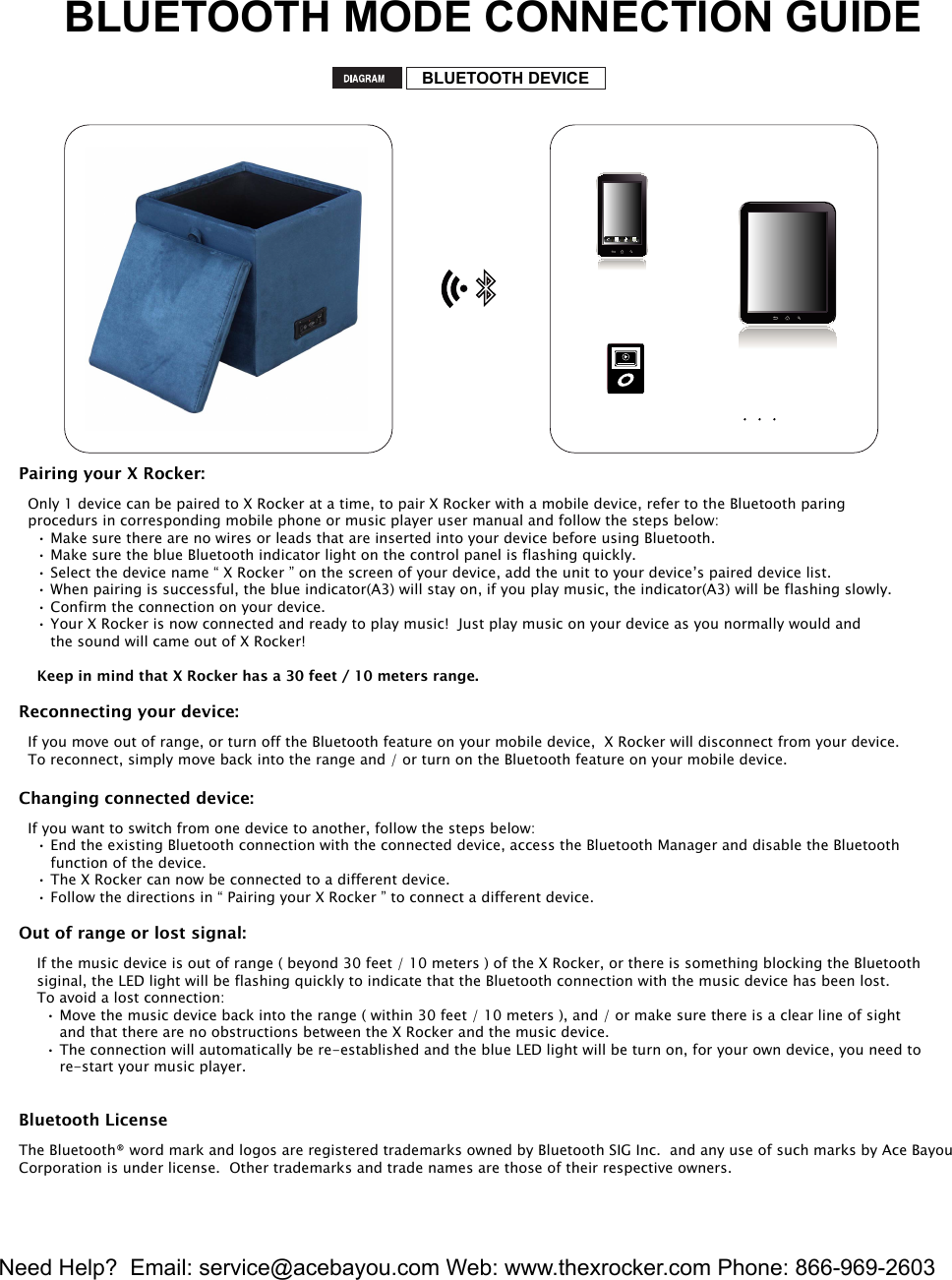 BLUETOOTH MODE CONNECTION GUIDEBLUETOOTH DEVICENeed Help?  Email: service@acebayou.com Web: www.thexrocker.com Phone: 866-969-26035CallPairing your X Rocker:  Only 1 device can be paired to X Rocker at a time, to pair X Rocker with a mobile device, refer to the Bluetooth paring   procedurs in corresponding mobile phone or music player user manual and follow the steps below:    &bull; Make sure there are no wires or leads that are inserted into your device before using Bluetooth.    &bull; Make sure the blue Bluetooth indicator light on the control panel is flashing quickly.    &bull; Select the device name &ldquo; X Rocker &rdquo; on the screen of your device, add the unit to your device&rsquo;s paired device list.    &bull; When pairing is successful, the blue indicator(A3) will stay on, if you play music, the indicator(A3) will be flashing slowly.    &bull; Confirm the connection on your device.    &bull; Your X Rocker is now connected and ready to play music!  Just play music on your device as you normally would and        the sound will came out of X Rocker!    Keep in mind that X Rocker has a 30 feet / 10 meters range.Reconnecting your device:  If you move out of range, or turn off the Bluetooth feature on your mobile device,  X Rocker will disconnect from your device.  To reconnect, simply move back into the range and / or turn on the Bluetooth feature on your mobile device.Changing connected device:  If you want to switch from one device to another, follow the steps below:    &bull; End the existing Bluetooth connection with the connected device, access the Bluetooth Manager and disable the Bluetooth       function of the device.    &bull; The X Rocker can now be connected to a different device.    &bull; Follow the directions in &ldquo; Pairing your X Rocker &rdquo; to connect a different device.Out of range or lost signal:    If the music device is out of range ( beyond 30 feet / 10 meters ) of the X Rocker, or there is something blocking the Bluetooth    siginal, the LED light will be flashing quickly to indicate that the Bluetooth connection with the music device has been lost.    To avoid a lost connection:      &bull; Move the music device back into the range ( within 30 feet / 10 meters ), and / or make sure there is a clear line of sight          and that there are no obstructions between the X Rocker and the music device.      &bull; The connection will automatically be re-established and the blue LED light will be turn on, for your own device, you need to          re-start your music player.      Bluetooth LicenseThe Bluetooth&reg; word mark and logos are registered trademarks owned by Bluetooth SIG Inc.  and any use of such marks by Ace BayouCorporation is under license.  Other trademarks and trade names are those of their respective owners.