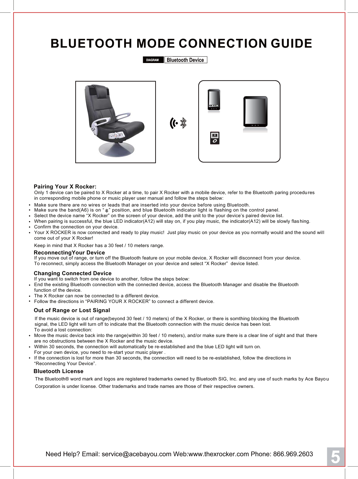 CallNeed Help? Email: service@acebayou.com Web:www.thexrocker.com Phone: 866.969.26035BLUETOOTH MODE CONNECTION GUIDEBluetooth DevicePairing Your X Rocker:Only 1 device can be paired to X Rocker at a time, to pair X Rocker with a mobile device, refer to the Bluetooth paring proceduresin corresponding mobile phone or music player user manual and follow the steps below:     Make sure the band(A6) is on &ldquo;   &rdquo; position, and blue Bluetooth indicator light is flashing on the control panel.Select the device name &ldquo;X Rocker&rdquo; on the screen of your device, add the unit to the your device&rsquo;s paired device list.When pairing is successful, the blue LED indicator(A12) will stay on, if you play music, the indicator(A12) will be slowly flashing.Confirm the connection on your device.Your X ROCKER is now connected and ready to play music!  Just play music on your device as you normally would and the sound willcome out of your X Rocker!Keep in mind that X Rocker has a 30 feet / 10 meters range.Make sure there are no wires or leads that are inserted into your device before using Bluetooth. ReconnectingYour DeviceIf you move out of range, or turn off the Bluetooth feature on your mobile device, X Rocker will disconnect from your device.To reconnect, simply access the Bluetooth Manager on your device and select &ldquo;X Rocker&rdquo;  device listed.Changing Connected DeviceIf you want to switch from one device to another, follow the steps below:End the existing Bluetooth connection with the connected device, access the Bluetooth Manager and disable the Bluetooth function of the device.The X Rocker can now be connected to a different device.Follow the directions in &ldquo;PAIRING YOUR X ROCKER&rdquo; to connect a different device.Out of Range or Lost SignalIf the music device is out of range(beyond 30 feet / 10 meters) of the X Rocker, or there is somthing blocking the Bluetooth signal, the LED light will turn off to indicate that the Bluetooth connection with the music device has been lost.  To avoid a lost connection:Move the music device back into the range(within 30 feet / 10 meters), and/or make sure there is a clear line of sight and that there are no obstructions between the X Rocker and the music device. Within 30 seconds, the connection will automatically be re-established and the blue LED light will turn on. For your own device, you need to re-start your music player .If the connection is lost for more than 30 seconds, the connection will need to be re-established, follow the directions in&ldquo;Reconnecting Your Device&rdquo;.Bluetooth License The Bluetooth&reg; word mark and logos are registered trademarks owned by Bluetooth SIG, Inc. and any use of such marks by Ace Bayou Corporation is under license. Other trademarks and trade names are those of their respective owners. 