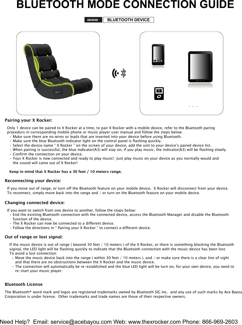 BLUETOOTH MODE CONNECTION GUIDEBLUETOOTH DEVICENeed Help?  Email: service@acebayou.com Web: www.thexrocker.com Phone: 866-969-26035CallPairing your X Rocker:  Only 1 device can be paired to X Rocker at a time, to pair X Rocker with a mobile device, refer to the Bluetooth paring   procedurs in corresponding mobile phone or music player user manual and follow the steps below:    &bull; Make sure there are no wires or leads that are inserted into your device before using Bluetooth.    &bull; Make sure the blue Bluetooth indicator light on the control panel is flashing quickly.    &bull; Select the device name &ldquo; X Rocker &rdquo; on the screen of your device, add the unit to your device&rsquo;s paired device list.    &bull; When pairing is successful, the blue indicator(A3) will stay on, if you play music, the indicator(A3) will be flashing slowly.    &bull; Confirm the connection on your device.    &bull; Your X Rocker is now connected and ready to play music!  Just play music on your device as you normally would and        the sound will came out of X Rocker!    Keep in mind that X Rocker has a 30 feet / 10 meters range.Reconnecting your device:  If you move out of range, or turn off the Bluetooth feature on your mobile device,  X Rocker will disconnect from your device.  To reconnect, simply move back into the range and / or turn on the Bluetooth feature on your mobile device.Changing connected device:  If you want to switch from one device to another, follow the steps below:    &bull; End the existing Bluetooth connection with the connected device, access the Bluetooth Manager and disable the Bluetooth       function of the device.    &bull; The X Rocker can now be connected to a different device.    &bull; Follow the directions in &ldquo; Pairing your X Rocker &rdquo; to connect a different device.Out of range or lost signal:    If the music device is out of range ( beyond 30 feet / 10 meters ) of the X Rocker, or there is something blocking the Bluetooth    siginal, the LED light will be flashing quickly to indicate that the Bluetooth connection with the music device has been lost.    To avoid a lost connection:      &bull; Move the music device back into the range ( within 30 feet / 10 meters ), and / or make sure there is a clear line of sight          and that there are no obstructions between the X Rocker and the music device.      &bull; The connection will automatically be re-established and the blue LED light will be turn on, for your own device, you need to          re-start your music player.      Bluetooth LicenseThe Bluetooth&reg; word mark and logos are registered trademarks owned by Bluetooth SIG Inc.  and any use of such marks by Ace BayouCorporation is under license.  Other trademarks and trade names are those of their respective owners.