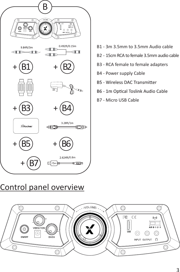 3+++ +++Control panel overviewB1 - 3m 3.5mm to 3.5mm Audio cable B2 - 15cm RCA to female 3.5mm audio cable  B3 - RCA female to female adaptersB4 - Power supply Cable B7 - Micro USB Cable 0.8mBB1B3B5 B6B4B2+B7
