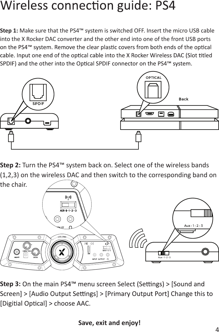 4Step 3: Step 1: Make sure that the PS4&trade; system is switched OFF. Insert the micro USB cable into the X Rocker DAC converter and the other end into one of the front USB ports Step 2: Turn the PS4&trade; system back on. Select one of the wireless bands (1,2,3) on the wireless DAC and then switch to the corresponding band on the chair.Save, exit and enjoy! 
