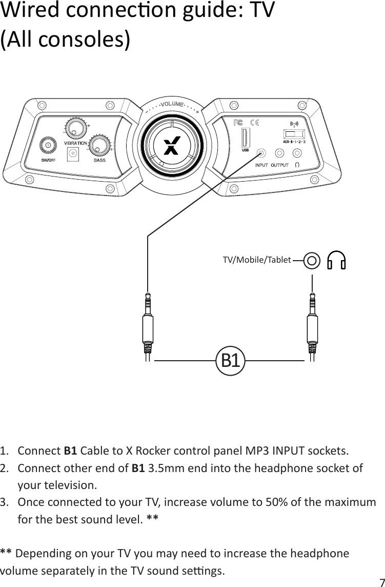 7Wired connecon guide: TV(All consoles)1.  Connect B1 Cable to X Rocker control panel MP3 INPUT sockets.2.  Connect other end of B1 3.5mm end into the headphone socket of your television.3.  Once connected to your TV, increase volume to 50% of the maximum for the best sound level. **** Depending on your TV you may need to increase the headphone volume separately in the TV sound sengs. TV/Mobile/TabletB1 