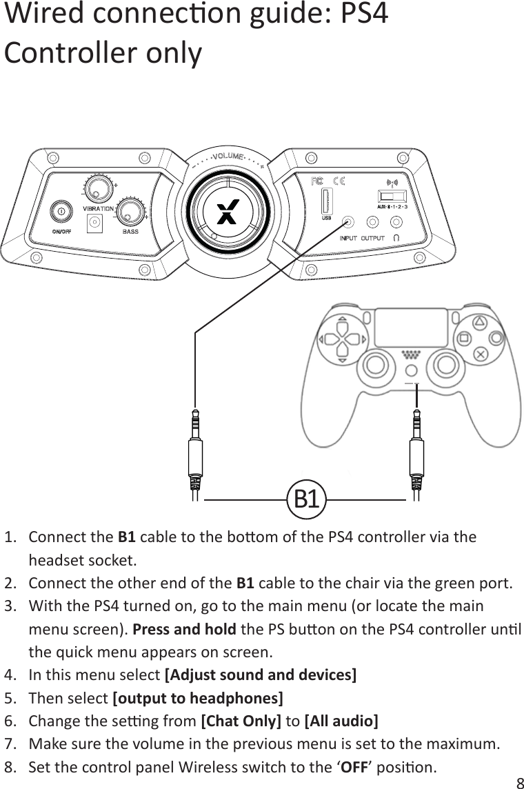 8Wired connecon guide: PS4 Controller only1.  Connect the B1 cable to the boom of the PS4 controller via the headset socket.2.  Connect the other end of the B1 cable to the chair via the green port.3.  With the PS4 turned on, go to the main menu (or locate the main menu screen). Press and hold the PS buon on the PS4 controller unl the quick menu appears on screen.4.  In this menu select [Adjust sound and devices]5.  Then select [output to headphones]6.  Change the seng from [Chat Only] to [All audio]7.  Make sure the volume in the previous menu is set to the maximum.8.  Set the control panel Wireless switch to the &lsquo;OFF&rsquo; posion.B1