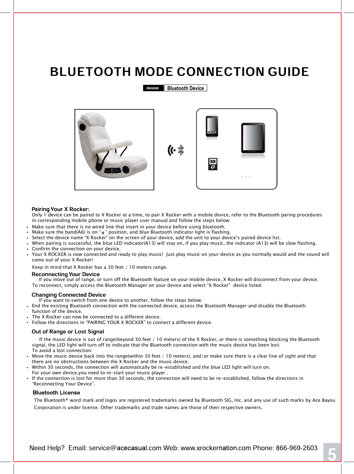 Bluetooth DeviceOnly 1 device can be paired to X Rocker at a time, to pair X Rocker with a mobile device, refer to the Bluetooth paring proceduresin corresponding mobile phone or music player user manual and follow the steps below:     Make sure the band(A6) is on &ldquo;   &rdquo; position, and blue Bluetooth indicator light is flashing.Select the device name &ldquo;X Rocker&rdquo; on the screen of your device, add the unit to your device&rsquo;s paired device list.When pairing is successful, the blue LED indicator(A13) will stay on, if you play music, the indicator (A1 ) will be slow flashing.Confirm the connection on your device.Your X ROCKER is now connected and ready to play music!  Just play music on your device as you normally would and the sound willcome out of your X Rocker!Keep in mind that X Rocker has a 30 feet / 10 meters range.Make sure that there is no wired line that insert in your device before using bluetooth. If you move out of range, or turn off the Bluetooth feature on your mobile device, X Rocker will disconnect from your device.To reconnect, simply access the Bluetooth Manager on your device and select &ldquo;X Rocker&rdquo;  device listed.If you want to switch from one device to another, follow the steps below:End the existing Bluetooth connection with the connected device, access the Bluetooth Manager and disable the Bluetooth function of the device.The X Rocker can now be connected to a different device.Follow the directions in &ldquo;PAIRING YOUR X ROCKER&rdquo; to connect a different device.     If the music device is out of range(beyond 30 feet / 10 meters) of the X Rocker, or there is something blocking the Bluetooth signal, the LED light will turn off to indicate that the Bluetooth connection with the music device has been lost.  To avoid a lost connection:Move the music device back into the range(within 30 feet / 10 meters), and/or make sure there is a clear line of sight and that there are no obstructions between the X Rocker and the music device. Within 30 seconds, the connection will automatically be re-established and the blue LED light will turn on. For your own device,you need to re-start your music player .If the connection is lost for more than 30 seconds, the connection will need to be re-established, follow the directions in&ldquo;Reconnecting Your Device&rdquo;. The Bluetooth&reg; word mark and logos are registered trademarks owned by Bluetooth SIG, Inc. and any use of such marks by Ace Bayou Corporation is under license. Other trademarks and trade names are those of their respective owners. 