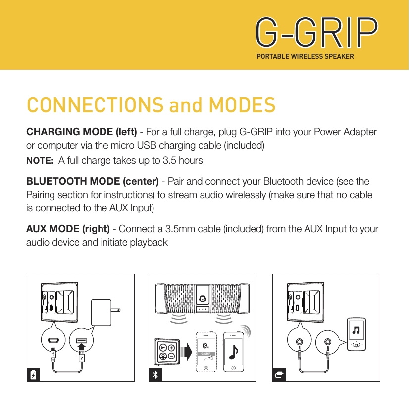 PORTABLE WIRELESS SPEAKERG-GRIPG-GRIPCONNECTIONS and MODESCHARGING MODE (left) - For a full charge, plug G-GRIP into your Power Adapter or computer via the micro USB charging cable (included)  NOTE:  A full charge takes up to 3.5 hoursBLUETOOTH MODE (center) - Pair and connect your Bluetooth device (see the Pairing section for instructions) to stream audio wirelessly (make sure that no cable is connected to the AUX Input)AUX MODE (right) - Connect a 3.5mm cable (included) from the AUX Input to your audio device and initiate playbackG-GRIP
