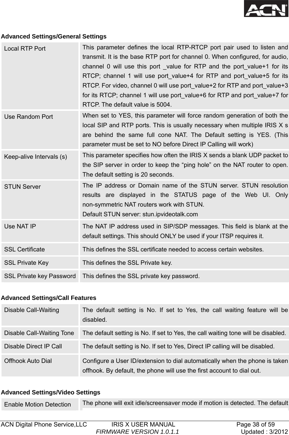   ACN Digital Phone Service,LLC        IRIS X USER MANUAL                    Page 38 of 59                                FIRMWARE VERSION 1.0.1.1  Updated : 3/2012   Advanced Settings/General Settings Local RTP Port  This parameter defines the local RTP-RTCP port pair used to listen and transmit. It is the base RTP port for channel 0. When configured, for audio, channel 0 will use this port _value for RTP and the port_value+1 for its RTCP; channel 1 will use port_value+4 for RTP and port_value+5 for its RTCP. For video, channel 0 will use port_value+2 for RTP and port_value+3 for its RTCP; channel 1 will use port_value+6 for RTP and port_value+7 for RTCP. The default value is 5004. Use Random Port  When set to YES, this parameter will force random generation of both the local SIP and RTP ports. This is usually necessary when multiple IRIS X s are behind the same full cone NAT. The Default setting is YES. (This parameter must be set to NO before Direct IP Calling will work) Keep-alive Intervals (s)  This parameter specifies how often the IRIS X sends a blank UDP packet to the SIP server in order to keep the &ldquo;ping hole&rdquo; on the NAT router to open. The default setting is 20 seconds. STUN Server  The IP address or Domain name of the STUN server. STUN resolution results are displayed in the STATUS page of the Web UI. Only non-symmetric NAT routers work with STUN. Default STUN server: stun.ipvideotalk.com Use NAT IP  The NAT IP address used in SIP/SDP messages. This field is blank at the default settings. This should ONLY be used if your ITSP requires it. SSL Certificate  This defines the SSL certificate needed to access certain websites. SSL Private Key  This defines the SSL Private key. SSL Private key Password  This defines the SSL private key password.    Advanced Settings/Call Features Disable Call-Waiting  The default setting is No. If set to Yes, the call waiting feature will be disabled. Disable Call-Waiting Tone  The default setting is No. If set to Yes, the call waiting tone will be disabled.Disable Direct IP Call    The default setting is No. If set to Yes, Direct IP calling will be disabled.   Offhook Auto Dial    Configure a User ID/extension to dial automatically when the phone is taken offhook. By default, the phone will use the first account to dial out.    Advanced Settings/Video Settings   Enable Motion Detection  The phone will exit idle/screensaver mode if motion is detected. The default 