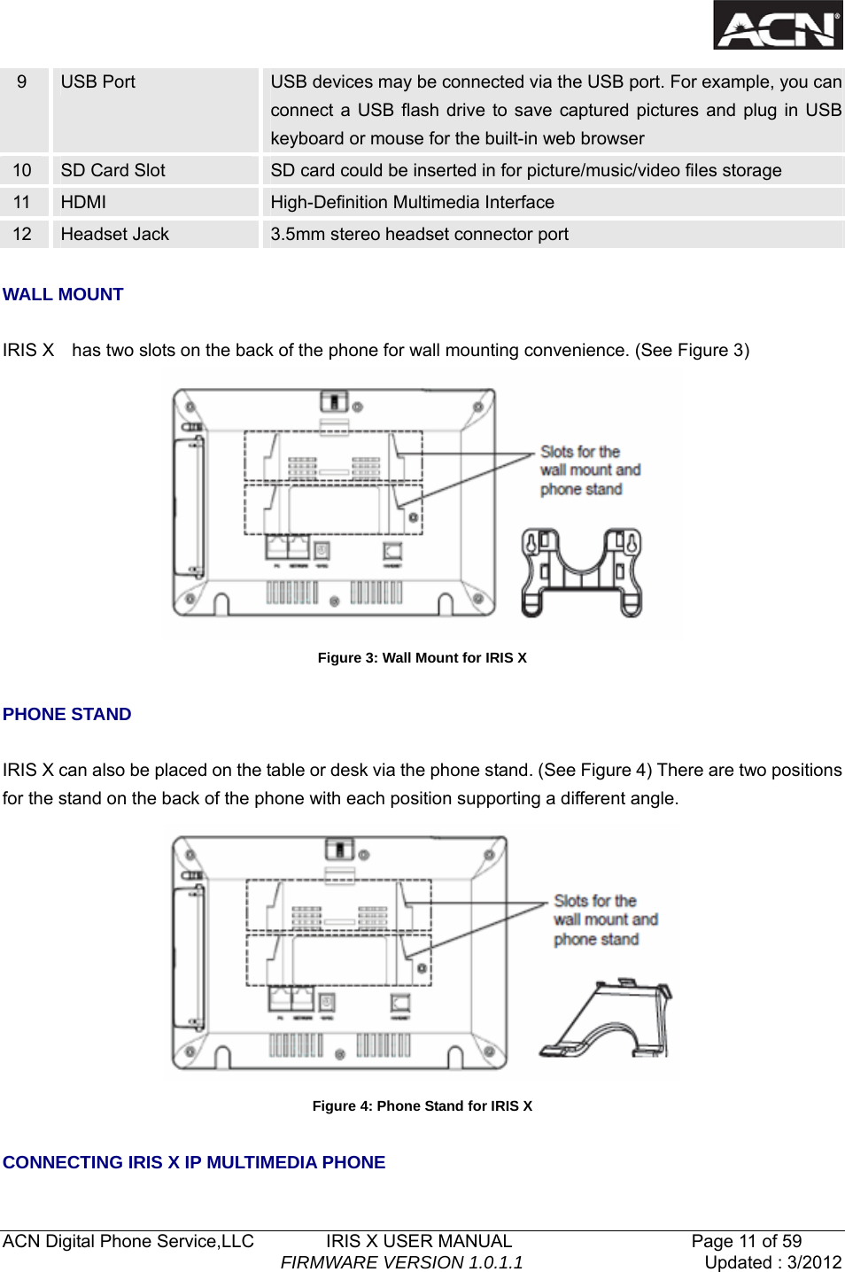   ACN Digital Phone Service,LLC        IRIS X USER MANUAL                    Page 11 of 59                                FIRMWARE VERSION 1.0.1.1  Updated : 3/2012  9  USB Port  USB devices may be connected via the USB port. For example, you can connect a USB flash drive to save captured pictures and plug in USB keyboard or mouse for the built-in web browser 10  SD Card Slot  SD card could be inserted in for picture/music/video files storage 11  HDMI  High-Definition Multimedia Interface 12  Headset Jack  3.5mm stereo headset connector port  WALL MOUNT  IRIS X    has two slots on the back of the phone for wall mounting convenience. (See Figure 3)  Figure 3: Wall Mount for IRIS X  PHONE STAND  IRIS X can also be placed on the table or desk via the phone stand. (See Figure 4) There are two positions for the stand on the back of the phone with each position supporting a different angle.    Figure 4: Phone Stand for IRIS X  CONNECTING IRIS X IP MULTIMEDIA PHONE 