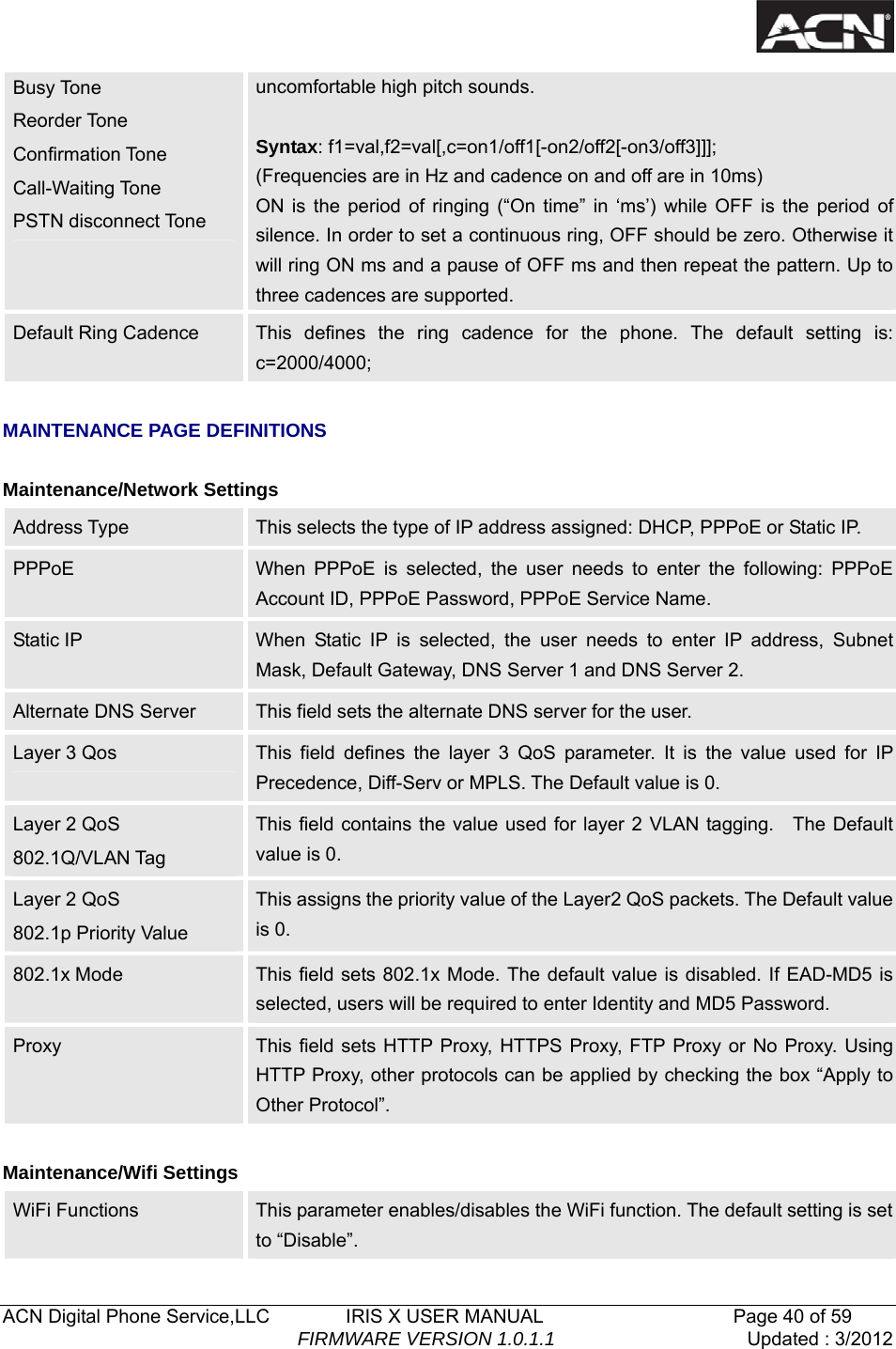  ACN Digital Phone Service,LLC        IRIS X USER MANUAL                    Page 40 of 59                                FIRMWARE VERSION 1.0.1.1  Updated : 3/2012  Busy Tone   Reorder Tone   Confirmation Tone Call-Waiting Tone PSTN disconnect Tone uncomfortable high pitch sounds.  Syntax: f1=val,f2=val[,c=on1/off1[-on2/off2[-on3/off3]]]; (Frequencies are in Hz and cadence on and off are in 10ms) ON is the period of ringing (&ldquo;On time&rdquo; in &lsquo;ms&rsquo;) while OFF is the period of silence. In order to set a continuous ring, OFF should be zero. Otherwise it will ring ON ms and a pause of OFF ms and then repeat the pattern. Up to three cadences are supported. Default Ring Cadence  This defines the ring cadence for the phone. The default setting is: c=2000/4000;  MAINTENANCE PAGE DEFINITIONS  Maintenance/Network Settings Address Type  This selects the type of IP address assigned: DHCP, PPPoE or Static IP.   PPPoE  When PPPoE is selected, the user needs to enter the following: PPPoE Account ID, PPPoE Password, PPPoE Service Name. Static IP  When Static IP is selected, the user needs to enter IP address, Subnet Mask, Default Gateway, DNS Server 1 and DNS Server 2. Alternate DNS Server  This field sets the alternate DNS server for the user. Layer 3 Qos  This field defines the layer 3 QoS parameter. It is the value used for IP Precedence, Diff-Serv or MPLS. The Default value is 0. Layer 2 QoS   802.1Q/VLAN Tag This field contains the value used for layer 2 VLAN tagging.    The Default value is 0. Layer 2 QoS   802.1p Priority Value This assigns the priority value of the Layer2 QoS packets. The Default value is 0. 802.1x Mode  This field sets 802.1x Mode. The default value is disabled. If EAD-MD5 is selected, users will be required to enter Identity and MD5 Password. Proxy  This field sets HTTP Proxy, HTTPS Proxy, FTP Proxy or No Proxy. Using HTTP Proxy, other protocols can be applied by checking the box &ldquo;Apply to Other Protocol&rdquo;.  Maintenance/Wifi Settings WiFi Functions    This parameter enables/disables the WiFi function. The default setting is set to &ldquo;Disable&rdquo;.   