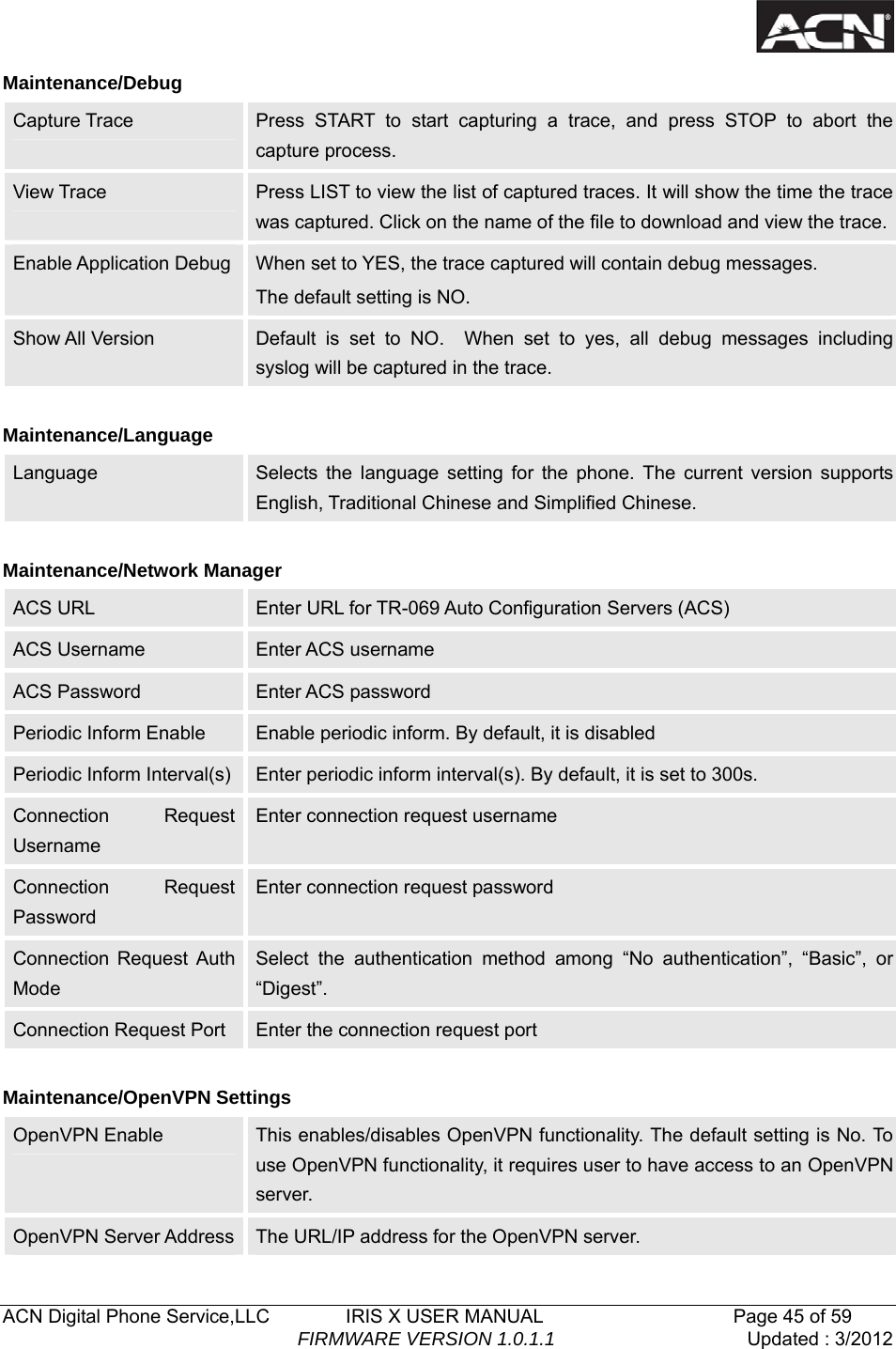   ACN Digital Phone Service,LLC        IRIS X USER MANUAL                    Page 45 of 59                                FIRMWARE VERSION 1.0.1.1  Updated : 3/2012  Maintenance/Debug Capture Trace  Press START to start capturing a trace, and press STOP to abort the capture process. View Trace  Press LIST to view the list of captured traces. It will show the time the trace was captured. Click on the name of the file to download and view the trace.Enable Application Debug  When set to YES, the trace captured will contain debug messages.   The default setting is NO. Show All Version  Default is set to NO.  When set to yes, all debug messages including syslog will be captured in the trace.  Maintenance/Language Language  Selects the language setting for the phone. The current version supports English, Traditional Chinese and Simplified Chinese.    Maintenance/Network Manager ACS URL  Enter URL for TR-069 Auto Configuration Servers (ACS) ACS Username  Enter ACS username ACS Password    Enter ACS password   Periodic Inform Enable    Enable periodic inform. By default, it is disabled Periodic Inform Interval(s)  Enter periodic inform interval(s). By default, it is set to 300s. Connection Request Username Enter connection request username   Connection Request Password Enter connection request password Connection Request Auth Mode Select the authentication method among &ldquo;No authentication&rdquo;, &ldquo;Basic&rdquo;, or &ldquo;Digest&rdquo;. Connection Request Port  Enter the connection request port  Maintenance/OpenVPN Settings OpenVPN Enable  This enables/disables OpenVPN functionality. The default setting is No. To use OpenVPN functionality, it requires user to have access to an OpenVPN server. OpenVPN Server Address  The URL/IP address for the OpenVPN server.   