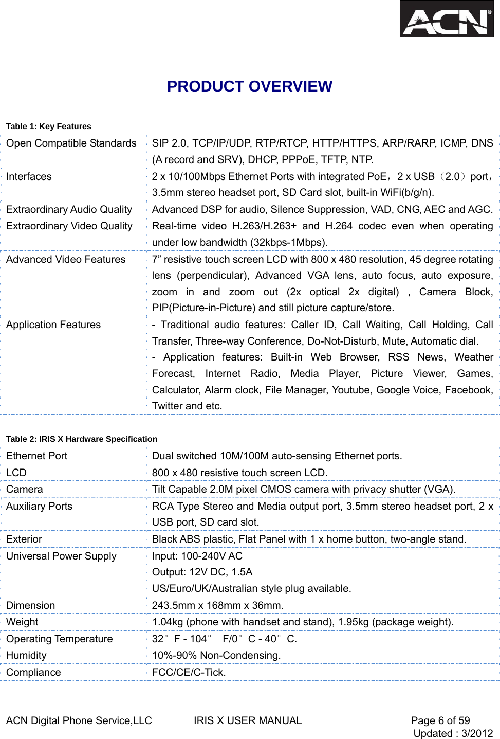  ACN Digital Phone Service,LLC        IRIS X USER MANUAL                     Page 6 of 59                                 Updated : 3/2012   PRODUCT OVERVIEW  Table 1: Key Features Open Compatible Standards  SIP 2.0, TCP/IP/UDP, RTP/RTCP, HTTP/HTTPS, ARP/RARP, ICMP, DNS (A record and SRV), DHCP, PPPoE, TFTP, NTP. Interfaces  2 x 10/100Mbps Ethernet Ports with integrated PoE，2 x USB（2.0）port，3.5mm stereo headset port, SD Card slot, built-in WiFi(b/g/n). Extraordinary Audio Quality  Advanced DSP for audio, Silence Suppression, VAD, CNG, AEC and AGC.Extraordinary Video Quality  Real-time video H.263/H.263+ and H.264 codec even when operating under low bandwidth (32kbps-1Mbps). Advanced Video Features  7&rdquo; resistive touch screen LCD with 800 x 480 resolution, 45 degree rotating lens (perpendicular), Advanced VGA lens, auto focus, auto exposure, zoom in and zoom out (2x optical 2x digital) , Camera Block, PIP(Picture-in-Picture) and still picture capture/store. Application Features  - Traditional audio features: Caller ID, Call Waiting, Call Holding, Call Transfer, Three-way Conference, Do-Not-Disturb, Mute, Automatic dial. - Application features: Built-in Web Browser, RSS News, Weather Forecast, Internet Radio, Media Player, Picture Viewer, Games, Calculator, Alarm clock, File Manager, Youtube, Google Voice, Facebook, Twitter and etc.  Table 2: IRIS X Hardware Specification Ethernet Port  Dual switched 10M/100M auto-sensing Ethernet ports. LCD  800 x 480 resistive touch screen LCD. Camera  Tilt Capable 2.0M pixel CMOS camera with privacy shutter (VGA). Auxiliary Ports  RCA Type Stereo and Media output port, 3.5mm stereo headset port, 2 x USB port, SD card slot. Exterior  Black ABS plastic, Flat Panel with 1 x home button, two-angle stand. Universal Power Supply  Input: 100-240V AC Output: 12V DC, 1.5A US/Euro/UK/Australian style plug available. Dimension  243.5mm x 168mm x 36mm. Weight  1.04kg (phone with handset and stand), 1.95kg (package weight). Operating Temperature  32&deg;F - 104&deg; F/0&deg;C - 40&deg;C. Humidity 10%-90% Non-Condensing. Compliance FCC/CE/C-Tick.   