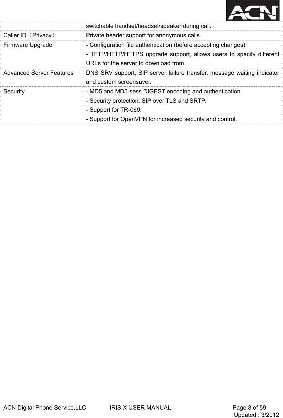  ACN Digital Phone Service,LLC        IRIS X USER MANUAL                     Page 8 of 59                                 Updated : 3/2012  switchable handset/headset/speaker during call. Caller ID（Privacy） Private header support for anonymous calls. Firmware Upgrade  - Configuration file authentication (before accepting changes). - TFTP/HTTP/HTTPS upgrade support, allows users to specify different URLs for the server to download from. Advanced Server Features  DNS SRV support, SIP server failure transfer, message waiting indicator and custom screensaver. Security  - MD5 and MD5-sess DIGEST encoding and authentication. - Security protection: SIP over TLS and SRTP. - Support for TR-069. - Support for OpenVPN for increased security and control. 