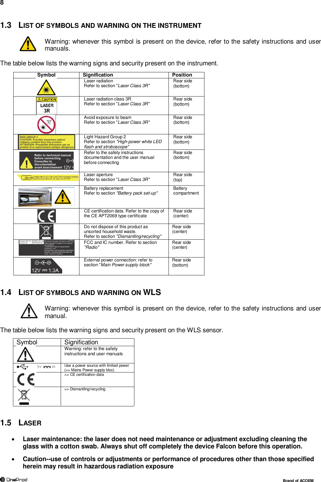8           Brand of ACOEM 1.3  LIST OF SYMBOLS AND WARNING ON THE INSTRUMENT  Warning: whenever this symbol is present on the device, refer to the safety instructions and user manuals.  The table below lists the warning signs and security present on the instrument.  Symbol Signification Position  Laser radiation Refer to section &quot;Laser Class 3R&quot; Rear side (bottom)  Laser radiation class 3R Refer to section &quot;Laser Class 3R&quot; Rear side (bottom)  Avoid exposure to beam  Refer to section &quot;Laser Class 3R&quot; Rear side (bottom)  Light Hazard Group 2 Refer to section &quot;High-power white LED flash and stroboscope&quot; Rear side (bottom)  Refer to the safety instructions documentation and the user manual before connecting Rear side (bottom)  Laser aperture Refer to section &quot;Laser Class 3R&quot; Rear side (top)  Battery replacement Refer to section &quot;Battery pack set-up&quot;  Battery compartment   CE certification data. Refer to the copy of the CE APT2069 type certificate Rear side (center)  Do not dispose of this product as unsorted household waste. Refer to section &quot;Dismantling/recycling&quot; Rear side (center)  FCC and IC number. Refer to section &quot;Radio&quot; Rear side (center)  External power connection: refer to section &quot;Main Power supply block&quot; Rear side (bottom)  1.4  LIST OF SYMBOLS AND WARNING ON WLS Warning: whenever this symbol is present on the device, refer to the safety instructions and user manual.  The table below lists the warning signs and security present on the WLS sensor.  Symbol Signification  Warning: refer to the safety instructions and user manuals  Use a power source with limited power (=&gt; Mains Power supply bloc)  =&gt; CE certification data  =&gt; Dismantling/recycling  1.5  LASER  Laser maintenance: the laser does not need maintenance or adjustment excluding cleaning the glass with a cotton swab. Always shut off completely the device Falcon before this operation.   Caution--use of controls or adjustments or performance of procedures other than those specified herein may result in hazardous radiation exposure   