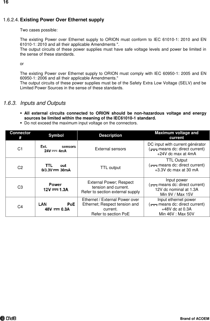 16  Brand of ACOEM  Existing Power Over Ethernet supply 1.6.2.4.  Two cases possible:  The existing Power over Ethernet  supply  to ORION must conform to  IEC  61010-1:  2010  and EN 61010-1: 2010 and all their applicable Amendments &quot;. The output circuits of these power supplies must have safe voltage levels and power be limited in the sense of these standards.  or  The existing Power over Ethernet supply to ORION must comply with IEC 60950-1: 2005 and EN 60950-1: 2006 and all their applicable Amendments.&quot; The output circuits of these power supplies must be of the Safety Extra Low Voltage (SELV) and be Limited Power Sources in the sense of these standards.   1.6.3.  Inputs and Outputs   All  external  circuits  connected  to  ORION  should  be  non-hazardous  voltage  and  energy sources be limited within the meaning of the IEC61010-1 standard.   Do not exceed the maximum input voltage on the connectors.  Connector # Symbol Description Maximum voltage and current C1  External sensors DC input with current générator (  means dc: direct current) +24V dc max at 4mA C2  TTL output TTL Output  (  means dc: direct current) +3.3V dc max at 30 mA  C3  External Power; Respect tension and current. Refer to section external supply Input power  (  means dc: direct current) 12V dc nominal at 1.3A Min 9V / Max 15V C4  Ethernet / External Power over Ethernet; Respect tension and current. Refer to section PoE Input ethernet power  (  means dc: direct current) +48V dc at 0.3A Min 46V : Max 50V 