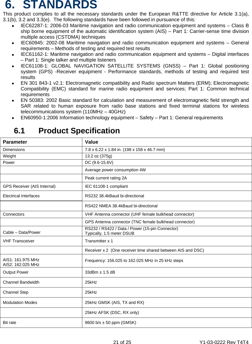    21 of 25  Y1-03-0222 Rev T4T4  6. STANDARDS This product complies to all the necessary standards under the European R&amp;TTE directive for Article 3.1(a), 3.1(b), 3.2 and 3.3(e).  The following standards have been followed in pursuance of this: •  IEC62287-1: 2006-03 Maritime navigation and radio communication equipment and systems – Class B ship borne equipment of the automatic identification system (AIS) – Part 1: Carrier-sense time division multiple access (CSTDMA) techniques •  IEC60945: 2002-08 Maritime navigation and radio communication equipment and systems – General requirements – Methods of testing and required test results •  IEC61162-1: Maritime navigation and radio communication equipment and systems – Digital interfaces – Part 1: Single talker and multiple listeners •  IEC61108-1: GLOBAL NAVIGATION SATELLITE SYSTEMS (GNSS) – Part 1: Global positioning system (GPS) -Receiver equipment - Performance standards, methods of testing and required test results •  EN 301 843-1 v2.1: Electromagnetic compatibility and Radio spectrum Matters (ERM); Electromagnetic Compatibility (EMC) standard for marine radio equipment and services; Part 1: Common technical requirements •  EN 50383: 2002 Basic standard for calculation and measurement of electromagnetic field strength and SAR related to human exposure from radio base stations and fixed terminal stations for wireless telecommunications system (110MHz – 40GHz) •  EN60950-1:2006 Information technology equipment – Safety – Part 1: General requirements  6.1 Product Specification  Parameter Value Dimensions  7.8 x 6.22 x 1.84 in. (198 x 158 x 46.7 mm) Weight  13.2 oz (375g) Power DC (9.6-15.6V)  Average power consumption 4W  Peak current rating 2A GPS Receiver (AIS Internal)  IEC 61108-1 compliant Electrical Interfaces  RS232 38.4kBaud bi-directional  RS422 NMEA 38.4kBaud bi-directional Connectors  VHF Antenna connector (UHF female bulkhead connector)  GPS Antenna connector (TNC female bulkhead connector) Cable – Data/Power  RS232 / RS422 / Data / Power (15-pin Connector) Typically, 1.5 meter DSUB VHF Transceiver  Transmitter x 1  Receiver x 2  (One receiver time shared between AIS and DSC) AIS1: 161.975 MHz AIS2: 162.025 MHz  Frequency: 156.025 to 162.025 MHz in 25 kHz steps Output Power  33dBm ± 1.5 dB Channel Bandwidth  25kHz Channel Step  25kHz Modulation Modes  25kHz GMSK (AIS, TX and RX)  25kHz AFSK (DSC, RX only)   Bit rate  9600 b/s ± 50 ppm (GMSK) 