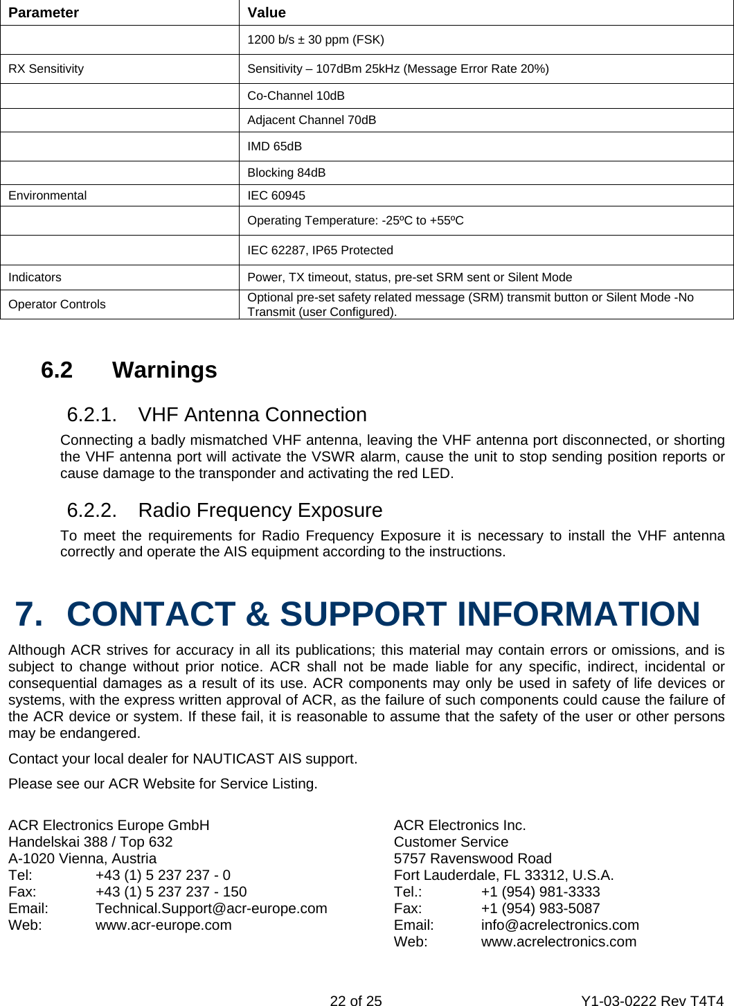    22 of 25  Y1-03-0222 Rev T4T4  Parameter Value  1200 b/s ± 30 ppm (FSK) RX Sensitivity  Sensitivity – 107dBm 25kHz (Message Error Rate 20%)  Co-Channel 10dB  Adjacent Channel 70dB  IMD 65dB  Blocking 84dB Environmental IEC 60945  Operating Temperature: -25ºC to +55ºC  IEC 62287, IP65 Protected Indicators  Power, TX timeout, status, pre-set SRM sent or Silent Mode Operator Controls  Optional pre-set safety related message (SRM) transmit button or Silent Mode -No Transmit (user Configured).   6.2 Warnings    6.2.1.  VHF Antenna Connection   Connecting a badly mismatched VHF antenna, leaving the VHF antenna port disconnected, or shorting   the VHF antenna port will activate the VSWR alarm, cause the unit to stop sending position reports or   cause damage to the transponder and activating the red LED.    6.2.2.  Radio Frequency Exposure    To meet the requirements for Radio Frequency Exposure it is necessary to install the VHF antenna   correctly and operate the AIS equipment according to the instructions.   7.  CONTACT &amp; SUPPORT INFORMATION Although ACR strives for accuracy in all its publications; this material may contain errors or omissions, and is subject to change without prior notice. ACR shall not be made liable for any specific, indirect, incidental or consequential damages as a result of its use. ACR components may only be used in safety of life devices or systems, with the express written approval of ACR, as the failure of such components could cause the failure of the ACR device or system. If these fail, it is reasonable to assume that the safety of the user or other persons may be endangered. Contact your local dealer for NAUTICAST AIS support. Please see our ACR Website for Service Listing.  ACR Electronics Europe GmbH Handelskai 388 / Top 632 A-1020 Vienna, Austria Tel:    +43 (1) 5 237 237 - 0 Fax:   +43 (1) 5 237 237 - 150 Email:   Technical.Support@acr-europe.com Web:    www.acr-europe.com  ACR Electronics Inc. Customer Service 5757 Ravenswood Road Fort Lauderdale, FL 33312, U.S.A. Tel.:   +1 (954) 981-3333 Fax:  +1 (954) 983-5087 Email: info@acrelectronics.com Web: www.acrelectronics.com 