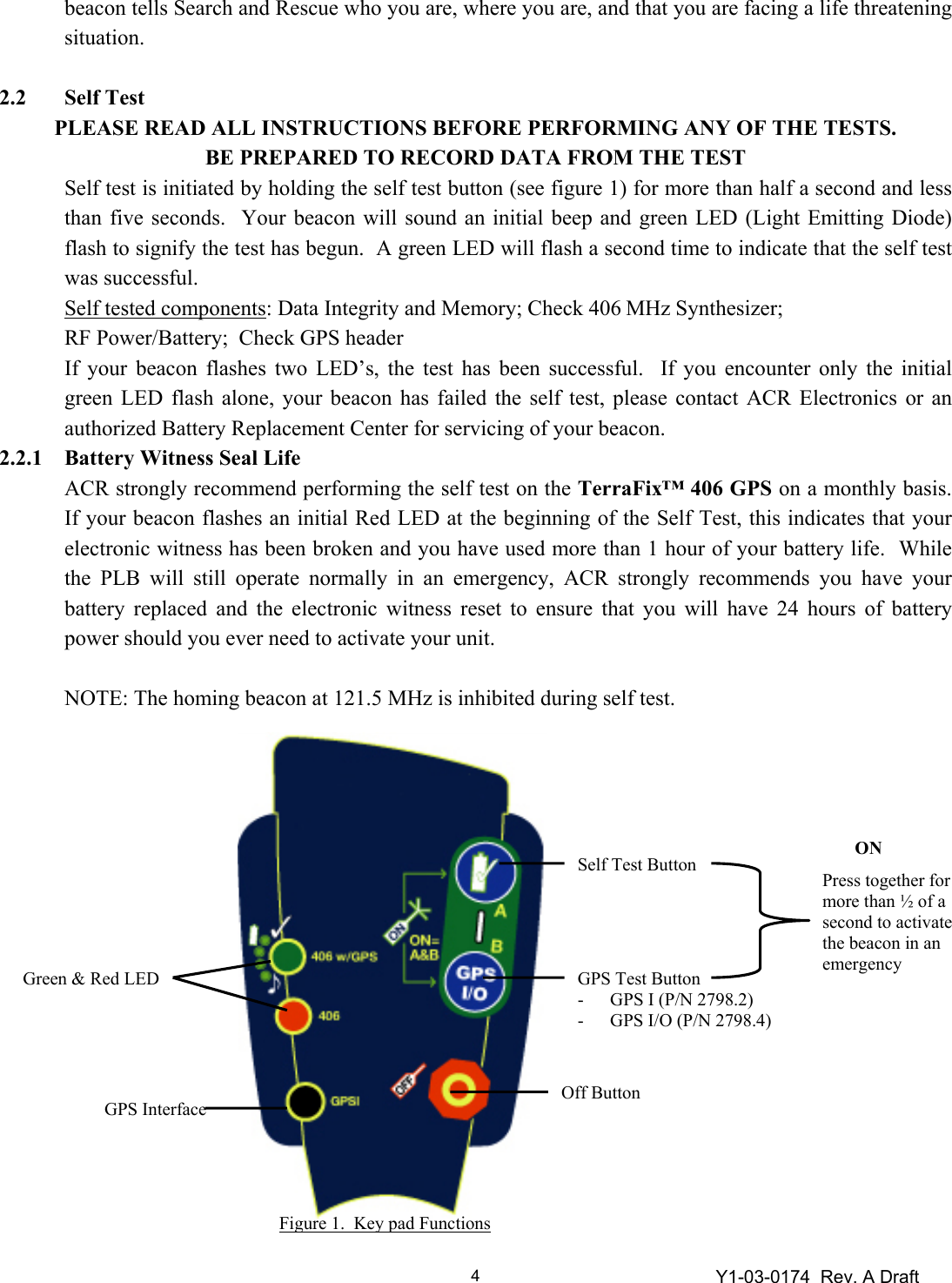 Y1-03-0174  Rev. A Draft 4beacon tells Search and Rescue who you are, where you are, and that you are facing a life threatening situation.  2.2 Self Test PLEASE READ ALL INSTRUCTIONS BEFORE PERFORMING ANY OF THE TESTS.   BE PREPARED TO RECORD DATA FROM THE TEST Self test is initiated by holding the self test button (see figure 1) for more than half a second and less than five seconds.  Your beacon will sound an initial beep and green LED (Light Emitting Diode) flash to signify the test has begun.  A green LED will flash a second time to indicate that the self test was successful. Self tested components: Data Integrity and Memory; Check 406 MHz Synthesizer;  RF Power/Battery;  Check GPS header If your beacon flashes two LED’s, the test has been successful.  If you encounter only the initial green LED flash alone, your beacon has failed the self test, please contact ACR Electronics or an authorized Battery Replacement Center for servicing of your beacon. 2.2.1  Battery Witness Seal Life ACR strongly recommend performing the self test on the TerraFix™ 406 GPS on a monthly basis.  If your beacon flashes an initial Red LED at the beginning of the Self Test, this indicates that your electronic witness has been broken and you have used more than 1 hour of your battery life.  While the PLB will still operate normally in an emergency, ACR strongly recommends you have your battery replaced and the electronic witness reset to ensure that you will have 24 hours of battery power should you ever need to activate your unit.  NOTE: The homing beacon at 121.5 MHz is inhibited during self test.                   Figure 1.  Key pad FunctionsSelf Test Button GPS Test Button - GPS I (P/N 2798.2) - GPS I/O (P/N 2798.4) Off Button Green &amp; Red LED GPS Interface Press together for more than ½ of a second to activate the beacon in an emergency ON 