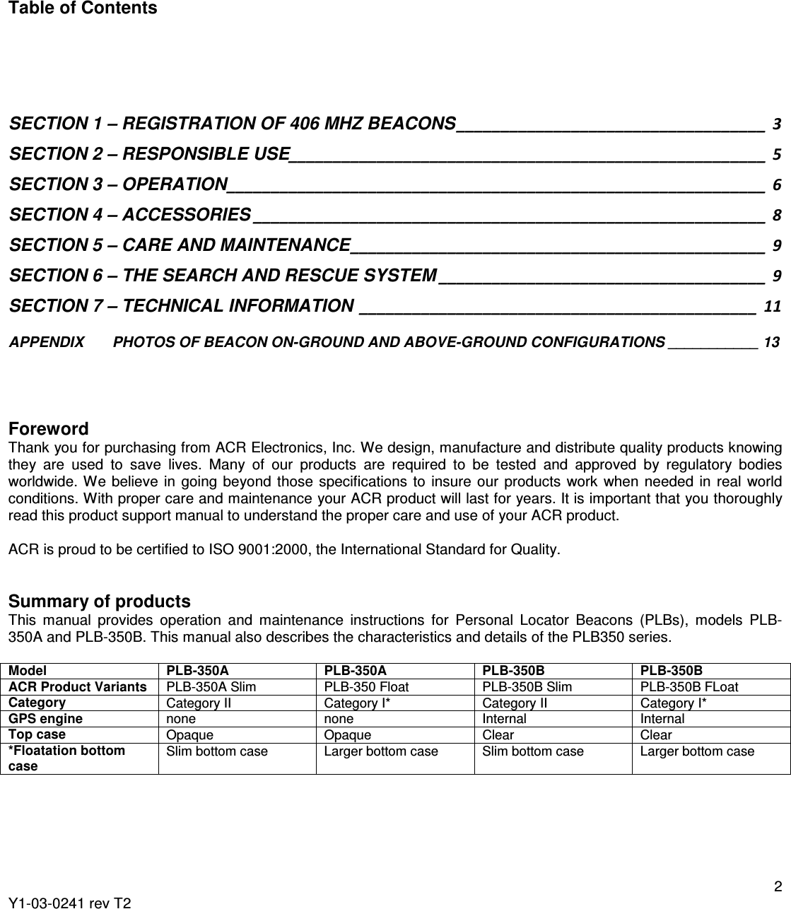  2 Y1-03-0241 rev T2        Table of Contents     SECTION 1 – REGISTRATION OF 406 MHZ BEACONS ___________________________________  3 SECTION 2 – RESPONSIBLE USE ______________________________________________________  5 SECTION 3 – OPERATION _____________________________________________________________  6 SECTION 4 – ACCESSORIES __________________________________________________________  8 SECTION 5 – CARE AND MAINTENANCE _______________________________________________  9 SECTION 6 – THE SEARCH AND RESCUE SYSTEM _____________________________________  9 SECTION 7 – TECHNICAL INFORMATION  _____________________________________________  11  APPENDIX       PHOTOS OF BEACON ON-GROUND AND ABOVE-GROUND CONFIGURATIONS ___________ 13     Foreword Thank you for purchasing from ACR Electronics, Inc. We design, manufacture and distribute quality products knowing they  are  used  to  save  lives.  Many  of  our  products  are  required  to  be  tested  and  approved  by  regulatory  bodies worldwide. We believe  in  going  beyond  those  specifications  to  insure  our  products  work  when  needed  in  real  world conditions. With proper care and maintenance your ACR product will last for years. It is important that you thoroughly read this product support manual to understand the proper care and use of your ACR product.  ACR is proud to be certified to ISO 9001:2000, the International Standard for Quality.   Summary of products This  manual  provides  operation  and  maintenance  instructions  for  Personal  Locator  Beacons  (PLBs),  models  PLB-350A and PLB-350B. This manual also describes the characteristics and details of the PLB350 series.   Model PLB-350A  PLB-350A   PLB-350B  PLB-350B   ACR Product Variants PLB-350A Slim  PLB-350 Float  PLB-350B Slim  PLB-350B FLoat Category Category II  Category I*  Category II  Category I* GPS engine none  none  Internal  Internal Top case Opaque  Opaque  Clear  Clear *Floatation bottom case Slim bottom case  Larger bottom case  Slim bottom case  Larger bottom case  