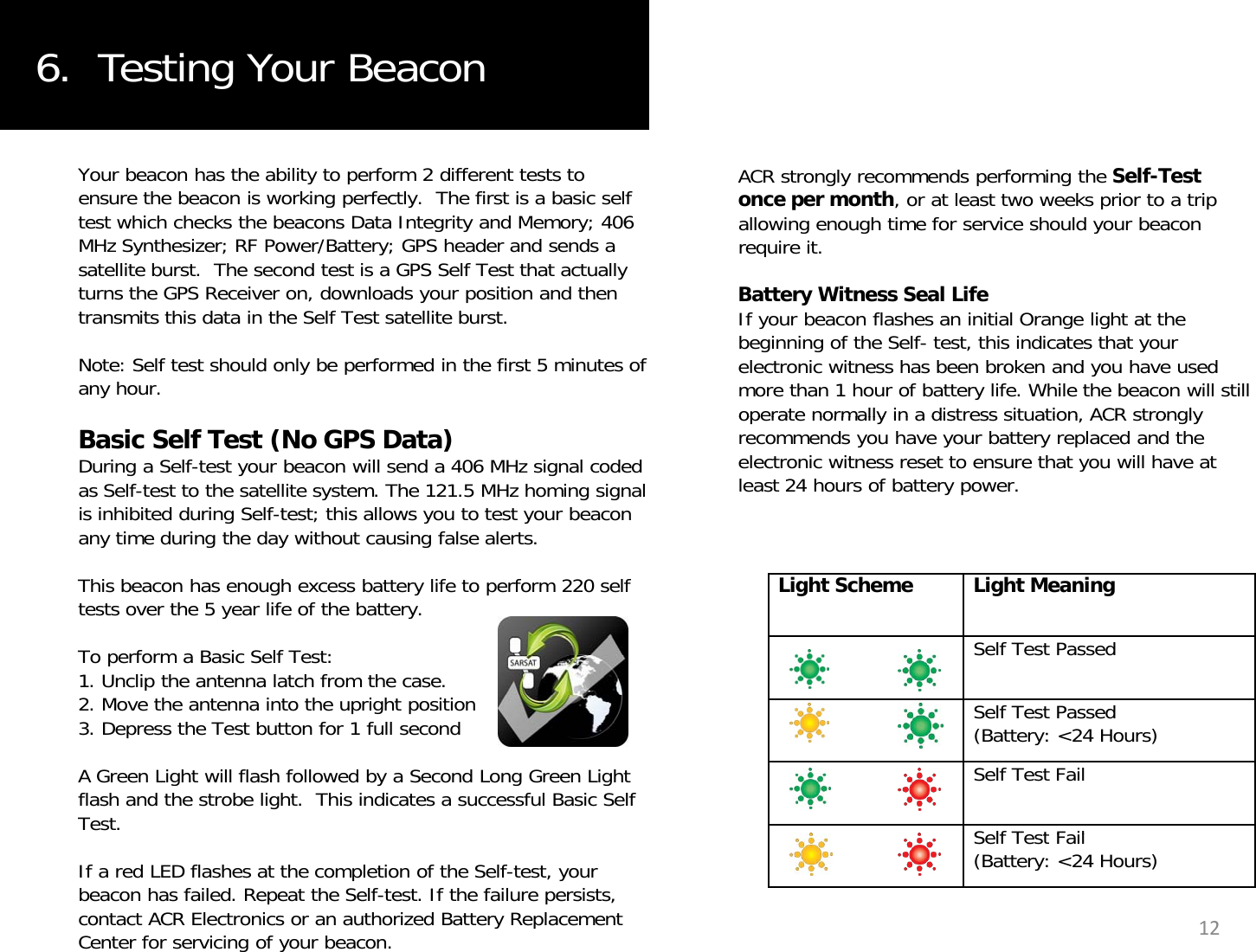 6.  Testing Your BeaconYour beacon has the ability to perform 2 different tests to ensure the beacon is working perfectly.  The first is a basic self test which checks the beacons Data Integrity and Memory; 406 MHz Synthesizer; RF Power/Battery; GPS header and sends a satellite burst.  The second test is a GPS Self Test that actually ACR strongly recommends performing the Self-Test once per month, or at least two weeks prior to a trip allowing enough time for service should your beacon require it.yturns the GPS Receiver on, downloads your position and then transmits this data in the Self Test satellite burst.Note: Self test should only be performed in the first 5 minutes of any hour.Battery Witness Seal LifeIf your beacon flashes an initial Orange light at the beginning of the Self- test, this indicates that your electronic witness has been broken and you have used more than 1 hour of battery life. While the beacon will still operate normally in a distress situation ACR stronglyBasic Self Test (No GPS Data)During a Self-test your beacon will send a 406 MHz signal coded as Self-test to the satellite system. The 121.5 MHz homing signal is inhibited during Self-test; this allows you to test your beacon any time during the day without causing false alerts.operate normally in a distress situation, ACR strongly recommends you have your battery replaced and the electronic witness reset to ensure that you will have at least 24 hours of battery power.This beacon has enough excess battery life to perform 220 self tests over the 5 year life of the battery.To perform a Basic Self Test:1. Unclip the antenna latch from the case.Light Scheme Light MeaningSelf Test Passed2. Move the antenna into the upright position3. Depress the Test button for 1 full secondA Green Light will flash followed by a Second Long Green Light flash and the strobe light.  This indicates a successful Basic Self Test.Self Test Passed(Battery: &lt;24 Hours)Self Test FailSelfTestFailIf a red LED flashes at the completion of the Self-test, your beacon has failed. Repeat the Self-test. If the failure persists, contact ACR Electronics or an authorized Battery Replacement Center for servicing of your beacon.SelfTestFail(Battery: &lt;24 Hours)12