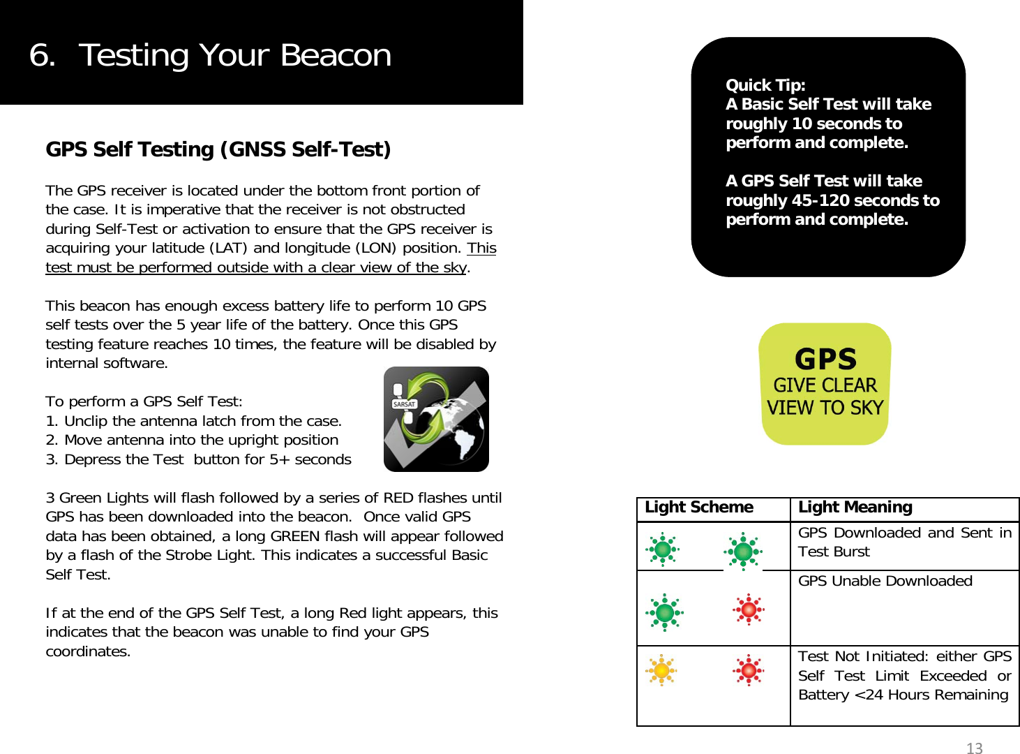 6.  Testing Your Beacon Quick Tip:A Basic Self Test will take GPS Self Testing (GNSS Self-Test)The GPS receiver is located under the bottom front portion of the case. It is imperative that the receiver is not obstructed di SlfT t ti ti t th t th GPS i iroughly 10 seconds to perform and complete.A GPS Self Test will take roughly 45-120 seconds to perform and complete.during Self-Test or activation to ensure that the GPS receiver is acquiring your latitude (LAT) and longitude (LON) position. This test must be performed outside with a clear view of the sky. This beacon has enough excess battery life to perform 10 GPS self tests over the 5 year life of the battery. Once this GPS perform and complete.testing feature reaches 10 times, the feature will be disabled by internal software. To perform a GPS Self Test:1. Unclip the antenna latch from the case.2. Move antenna into the upright positionLight Scheme Light MeaningGPS Downloaded and Sent inTest Burst3. Depress the Test  button for 5+ seconds3 Green Lights will flash followed by a series of RED flashes until GPS has been downloaded into the beacon.  Once valid GPS data has been obtained, a long GREEN flash will appear followed by a flash of the Strobe Light. This indicates a successful Basic GPS Unable DownloadedTest Not Initiated: either GPSSelfTestLimitExceededorygSelf Test.If at the end of the GPS Self Test, a long Red light appears, this indicates that the beacon was unable to find your GPS coordinates.SelfTestLimitExceededorBattery &lt;24 Hours Remaining13