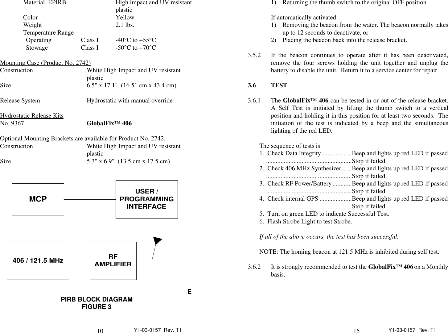 10 Y1-03-0157  Rev. T1Material, EPIRB High impact and UV resistant plasticColor YellowWeight 2.1 lbs.Temperature RangeOperating Class I -40°C to +55°C Stowage Class I -50°C to +70°CMounting Case (Product No. 2742)                                                         Construction        White High Impact and UV resistant plastic Size 6.5&quot; x 17.1&quot;  (16.51 cm x 43.4 cm)Release System Hydrostatic with manual overrideHydrostatic Release Kits                                        No. 9367 GlobalFix™ 406Optional Mounting Brackets are available for Product No. 2742.                                                                                                       Construction White High Impact and UV resistant plasticSize 5.3&quot; x 6.9&quot;  (13.5 cm x 17.5 cm)EPIRB BLOCK DIAGRAMFIGURE 3USER /PROGRAMMINGINTERFACEMCP406 / 121.5 MHz RFAMPLIFIER15 Y1-03-0157  Rev. T11) Returning the thumb switch to the original OFF position.If automatically activated:1) Removing the beacon from the water. The beacon normally takesup to 12 seconds to deactivate, or2) Placing the beacon back into the release bracket.3.5.2 If the beacon continues to operate after it has been deactivated,remove the four screws holding the unit together and unplug thebattery to disable the unit.  Return it to a service center for repair.3.6 TEST3.6.1 The GlobalFix™ 406 can be tested in or out of the release bracket.A Self Test is initiated by lifting the thumb switch to a verticalposition and holding it in this position for at least two seconds.  Theinitiation of the test is indicated by a beep and the simultaneouslighting of the red LED.The sequence of tests is:1.  Check Data Integrity...................Beep and lights up red LED if passed.....................................................Stop if failed2.  Check 406 MHz Synthesizer ......Beep and lights up red LED if passed.....................................................Stop if failed3.  Check RF Power/Battery............Beep and lights up red LED if passed.....................................................Stop if failed4.  Check internal GPS ....................Beep and lights up red LED if passed.....................................................Stop if failed5.  Turn on green LED to indicate Successful Test.6.  Flash Strobe Light to test Strobe.If all of the above occurs, the test has been successful.NOTE: The homing beacon at 121.5 MHz is inhibited during self test.3.6.2 It is strongly recommended to test the GlobalFix™ 406 on a Monthlybasis.