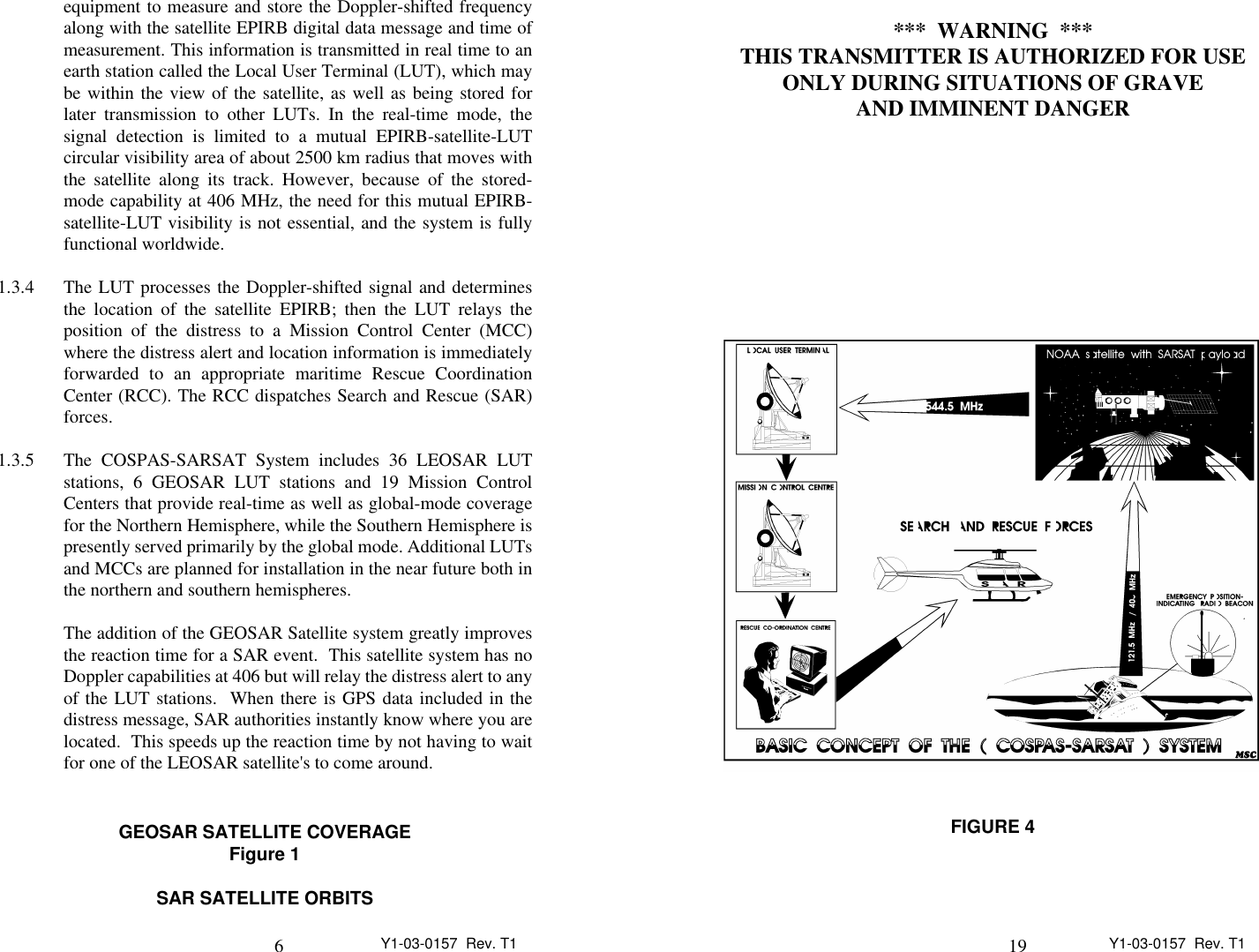 6Y1-03-0157  Rev. T1equipment to measure and store the Doppler-shifted frequencyalong with the satellite EPIRB digital data message and time ofmeasurement. This information is transmitted in real time to anearth station called the Local User Terminal (LUT), which maybe within the view of the satellite, as well as being stored forlater transmission to other LUTs. In the real-time mode, thesignal detection is limited to a mutual EPIRB-satellite-LUTcircular visibility area of about 2500 km radius that moves withthe satellite along its track. However, because of the stored-mode capability at 406 MHz, the need for this mutual EPIRB-satellite-LUT visibility is not essential, and the system is fullyfunctional worldwide.1.3.4 The LUT processes the Doppler-shifted signal and determinesthe location of the satellite EPIRB; then the LUT relays theposition of the distress to a Mission Control Center (MCC)where the distress alert and location information is immediatelyforwarded to an appropriate maritime Rescue CoordinationCenter (RCC). The RCC dispatches Search and Rescue (SAR)forces.1.3.5 The COSPAS-SARSAT System includes 36 LEOSAR LUTstations, 6 GEOSAR LUT stations and 19 Mission ControlCenters that provide real-time as well as global-mode coveragefor the Northern Hemisphere, while the Southern Hemisphere ispresently served primarily by the global mode. Additional LUTsand MCCs are planned for installation in the near future both inthe northern and southern hemispheres.The addition of the GEOSAR Satellite system greatly improvesthe reaction time for a SAR event.  This satellite system has noDoppler capabilities at 406 but will relay the distress alert to anyof the LUT stations.  When there is GPS data included in thedistress message, SAR authorities instantly know where you arelocated.  This speeds up the reaction time by not having to waitfor one of the LEOSAR satellite&apos;s to come around.GEOSAR SATELLITE COVERAGEFigure 1SAR SATELLITE ORBITS19 Y1-03-0157  Rev. T1***  WARNING  ***THIS TRANSMITTER IS AUTHORIZED FOR USEONLY DURING SITUATIONS OF GRAVEAND IMMINENT DANGERFIGURE 4