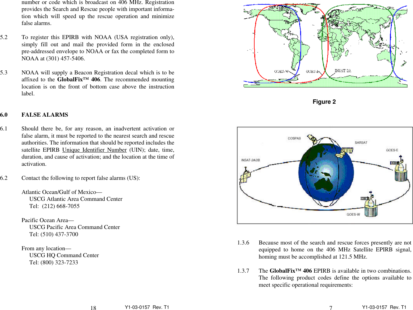 18 Y1-03-0157  Rev. T1number or code which is broadcast on 406 MHz. Registrationprovides the Search and Rescue people with important informa-tion which will speed up the rescue operation and minimizefalse alarms.5.2 To register this EPIRB with NOAA (USA registration only),simply fill out and mail the provided form in the enclosedpre-addressed envelope to NOAA or fax the completed form toNOAA at (301) 457-5406.5.3 NOAA will supply a Beacon Registration decal which is to beaffixed to the GlobalFix™ 406. The recommended mountinglocation is on the front of bottom case above the instructionlabel.6.0 FALSE ALARMS6.1 Should there be, for any reason, an inadvertent activation orfalse alarm, it must be reported to the nearest search and rescueauthorities. The information that should be reported includes thesatellite EPIRB Unique Identifier Number                                            (UIN); date, time,duration, and cause of activation; and the location at the time ofactivation.6.2 Contact the following to report false alarms (US):Atlantic Ocean/Gulf of Mexico—USCG Atlantic Area Command CenterTel:  (212) 668-7055Pacific Ocean Area—USCG Pacific Area Command CenterTel: (510) 437-3700From any location—USCG HQ Command CenterTel: (800) 323-72337Y1-03-0157  Rev. T1Figure 21.3.6 Because most of the search and rescue forces presently are notequipped to home on the 406 MHz Satellite EPIRB signal,homing must be accomplished at 121.5 MHz.1.3.7 The GlobalFix™ 406 EPIRB is available in two combinations.The following product codes define the options available tomeet specific operational requirements: