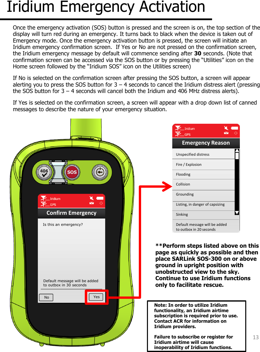 Iridium Emergency Activation  Once the emergency activation (SOS) button is pressed and the screen is on, the top section of the display will turn red during an emergency. It turns back to black when the device is taken out of Emergency mode. Once the emergency activation button is pressed, the screen will initiate an Iridium emergency confirmation screen.  If Yes or No are not pressed on the confirmation screen, the Iridium emergency message by default will commence sending after 30 seconds. (Note that confirmation screen can be accessed via the SOS button or by pressing the “Utilities” icon on the Home screen followed by the “Iridium SOS” icon on the Utilities screen) If No is selected on the confirmation screen after pressing the SOS button, a screen will appear alerting you to press the SOS button for 3 – 4 seconds to cancel the Iridium distress alert (pressing the SOS button for 3 – 4 seconds will cancel both the Iridium and 406 MHz distress alerts). If Yes is selected on the confirmation screen, a screen will appear with a drop down list of canned messages to describe the nature of your emergency situation. Confirm Emergency Yes Default message will be added to outbox in 30 seconds No Is this an emergency? Emergency Reason Unspecified distress Fire / Explosion Flooding  Collision Grounding Listing, in danger of capsizing Sinking Default message will be added to outbox in 20 seconds 13 **Perform steps listed above on this page as quickly as possible and then place SARLink SOS-300 on or above ground in upright position with unobstructed view to the sky. Continue to use Iridium functions only to facilitate rescue.  Note: In order to utilize Iridium functionality, an Iridium airtime subscription is required prior to use. Contact ACR for information on Iridium providers. Failure to subscribe or register for Iridium airtime will cause inoperability of Iridium functions.     