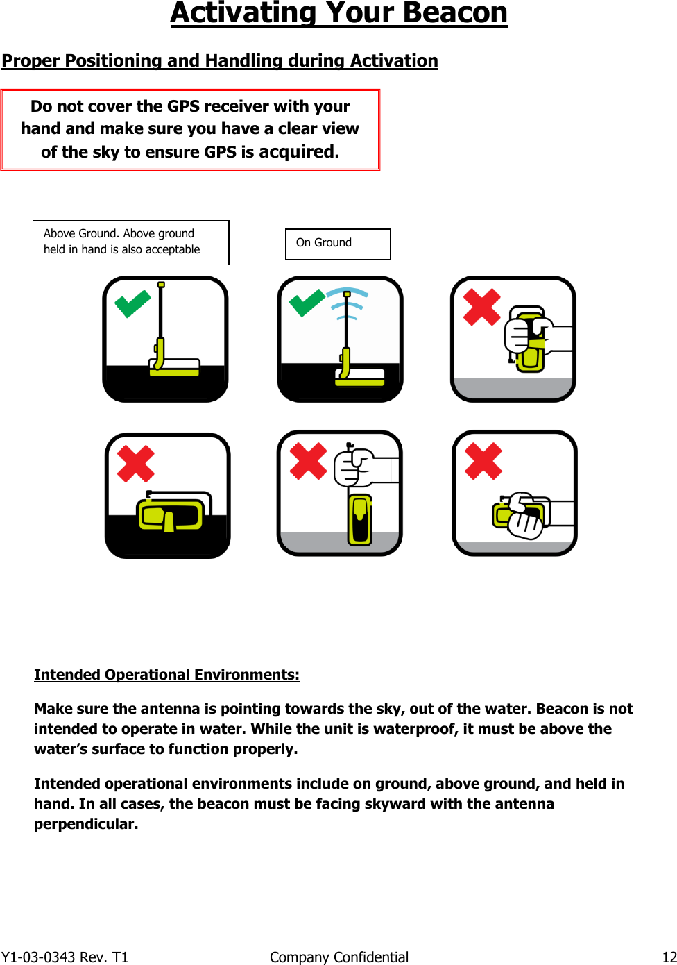 Y1-03-0343 Rev. T1  Company Confidential  12  Activating Your Beacon  Proper Positioning and Handling during Activation                     Intended Operational Environments: Make sure the antenna is pointing towards the sky, out of the water. Beacon is not intended to operate in water. While the unit is waterproof, it must be above the water’s surface to function properly. Intended operational environments include on ground, above ground, and held in hand. In all cases, the beacon must be facing skyward with the antenna perpendicular. Do not cover the GPS receiver with your hand and make sure you have a clear view of the sky to ensure GPS is acquired. Above Ground. Above ground held in hand is also acceptable On Ground 