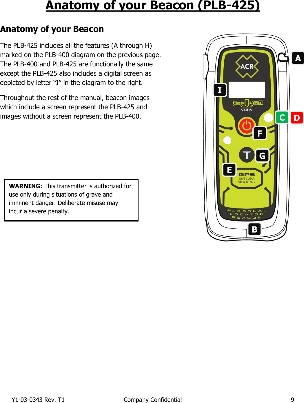 Y1-03-0343 Rev. T1  Company Confidential  9  Anatomy of your Beacon (PLB-425)                          Anatomy of your Beacon The PLB-425 includes all the features (A through H) marked on the PLB-400 diagram on the previous page. The PLB-400 and PLB-425 are functionally the same except the PLB-425 also includes a digital screen as depicted by letter “I” in the diagram to the right. Throughout the rest of the manual, beacon images which include a screen represent the PLB-425 and images without a screen represent the PLB-400.  WARNING: This transmitter is authorized for use only during situations of grave and imminent danger. Deliberate misuse may incur a severe penalty. A D C B E F G I 