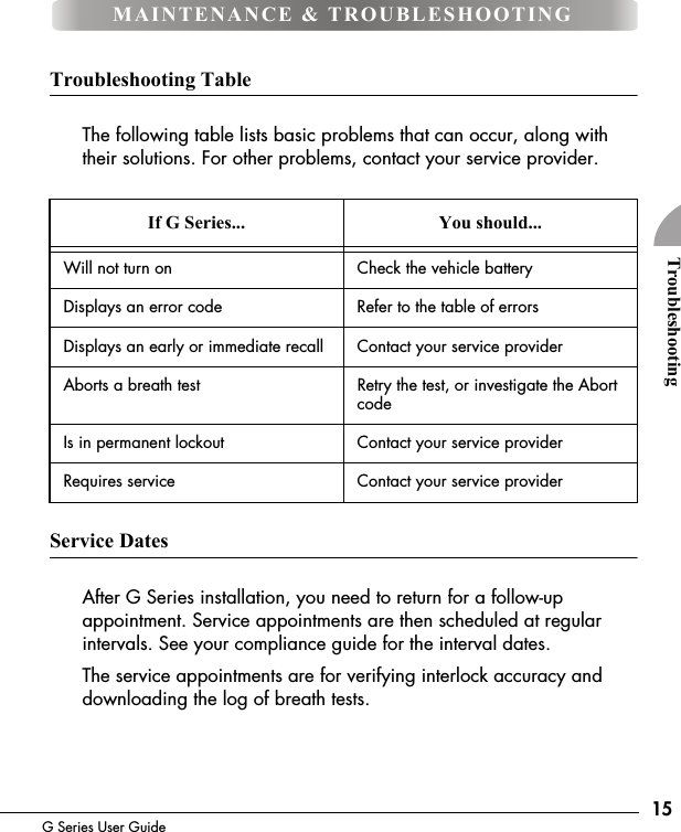 15G Series User GuideTroubleshootingTroubleshooting TableThe following table lists basic problems that can occur, along with their solutions. For other problems, contact your service provider. Service DatesAfter G Series installation, you need to return for a follow-up appointment. Service appointments are then scheduled at regular intervals. See your compliance guide for the interval dates.The service appointments are for verifying interlock accuracy and downloading the log of breath tests.If G Series... You should...Will not turn on Check the vehicle batteryDisplays an error code Refer to the table of errorsDisplays an early or immediate recall Contact your service providerAborts a breath test Retry the test, or investigate the Abort codeIs in permanent lockout Contact your service providerRequires service Contact your service providerMAINTENANCE &amp; TROUBLESHOOTING