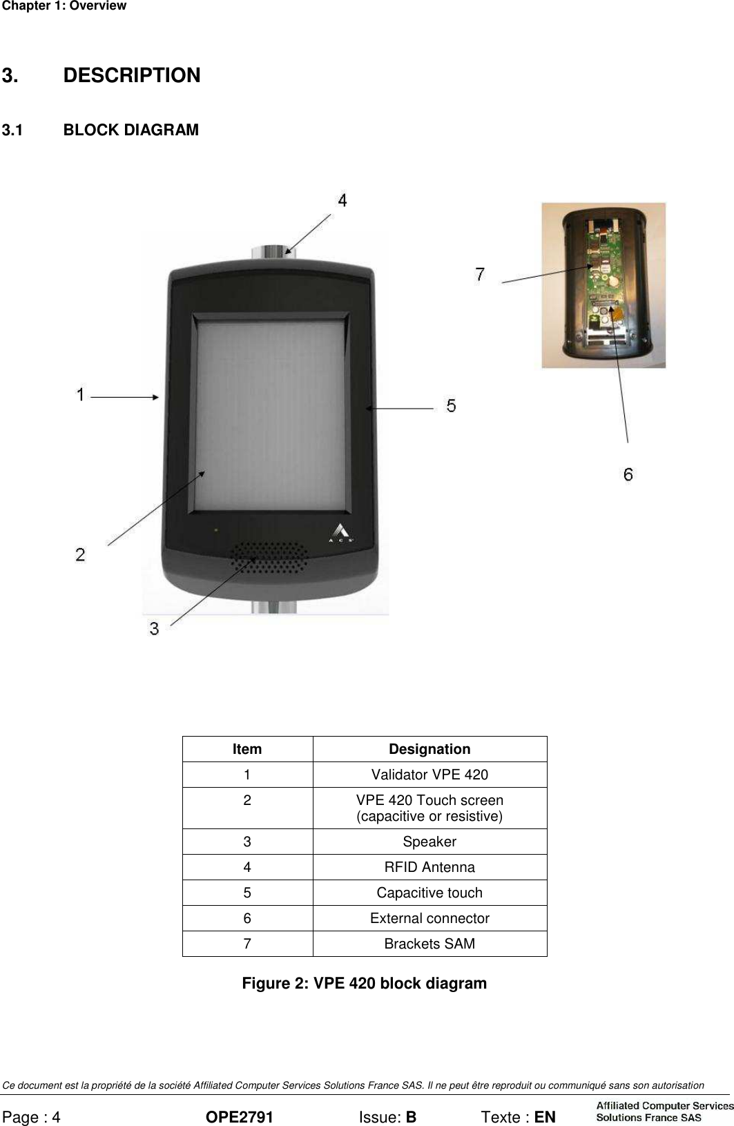 Chapter 1: Overview Ce document est la propriété de la société Affiliated Computer Services Solutions France SAS. Il ne peut être reproduit ou communiqué sans son autorisation Page : 4 OPE2791  Issue: B  Texte : EN  3.  DESCRIPTION 3.1  BLOCK DIAGRAM   Item  Designation 1  Validator VPE 420 2  VPE 420 Touch screen (capacitive or resistive) 3  Speaker 4  RFID Antenna 5  Capacitive touch 6  External connector 7  Brackets SAM Figure 2: VPE 420 block diagram  