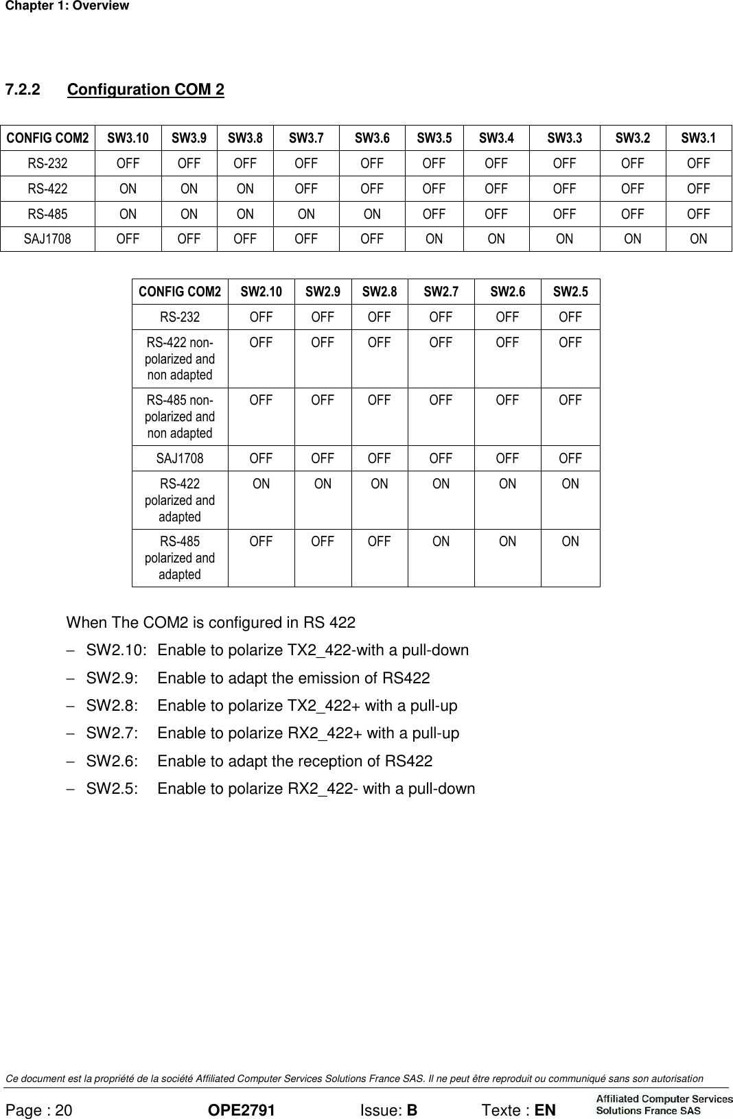 Chapter 1: Overview Ce document est la propriété de la société Affiliated Computer Services Solutions France SAS. Il ne peut être reproduit ou communiqué sans son autorisation Page : 20 OPE2791  Issue: B  Texte : EN  7.2.2  Configuration COM 2  CONFIG COM2 SW3.10  SW3.9  SW3.8  SW3.7  SW3.6  SW3.5  SW3.4  SW3.3  SW3.2  SW3.1 RS-232  OFF  OFF  OFF  OFF  OFF  OFF  OFF  OFF  OFF  OFF RS-422   ON  ON  ON  OFF  OFF  OFF  OFF  OFF  OFF  OFF RS-485   ON  ON  ON  ON  ON  OFF  OFF  OFF  OFF  OFF SAJ1708   OFF  OFF  OFF  OFF  OFF  ON  ON  ON  ON  ON  CONFIG COM2 SW2.10  SW2.9  SW2.8  SW2.7  SW2.6  SW2.5 RS-232  OFF  OFF  OFF  OFF  OFF  OFF RS-422 non- polarized and non adapted OFF  OFF  OFF  OFF  OFF  OFF RS-485 non- polarized and non adapted OFF  OFF  OFF  OFF  OFF  OFF SAJ1708   OFF  OFF  OFF  OFF  OFF  OFF RS-422 polarized and adapted  ON  ON  ON  ON  ON  ON RS-485 polarized and adapted OFF  OFF  OFF  ON  ON  ON When The COM2 is configured in RS 422 −  SW2.10:  Enable to polarize TX2_422-with a pull-down −  SW2.9:  Enable to adapt the emission of RS422 −  SW2.8:  Enable to polarize TX2_422+ with a pull-up −  SW2.7:  Enable to polarize RX2_422+ with a pull-up −  SW2.6:  Enable to adapt the reception of RS422 −  SW2.5:  Enable to polarize RX2_422- with a pull-down  