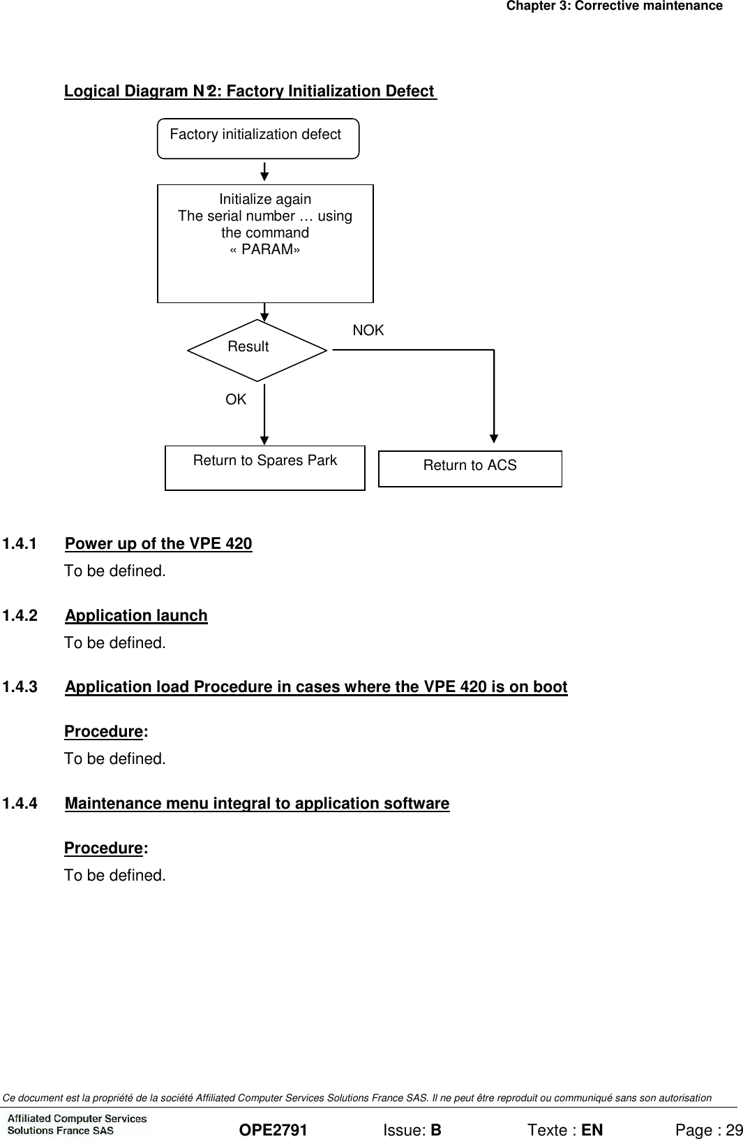 Chapter 3: Corrective maintenance Ce document est la propriété de la société Affiliated Computer Services Solutions France SAS. Il ne peut être reproduit ou communiqué sans son autorisation  OPE2791  Issue: B  Texte : EN  Page : 29 Logical Diagram N°2: Factory Initialization Defect   Factory initialization defect Initialize again The serial number … using the command « PARAM» Result  NOK Return to ACS OK Return to Spares Park  1.4.1  Power up of the VPE 420 To be defined. 1.4.2  Application launch To be defined. 1.4.3  Application load Procedure in cases where the VPE 420 is on boot Procedure: To be defined. 1.4.4  Maintenance menu integral to application software Procedure: To be defined. 
