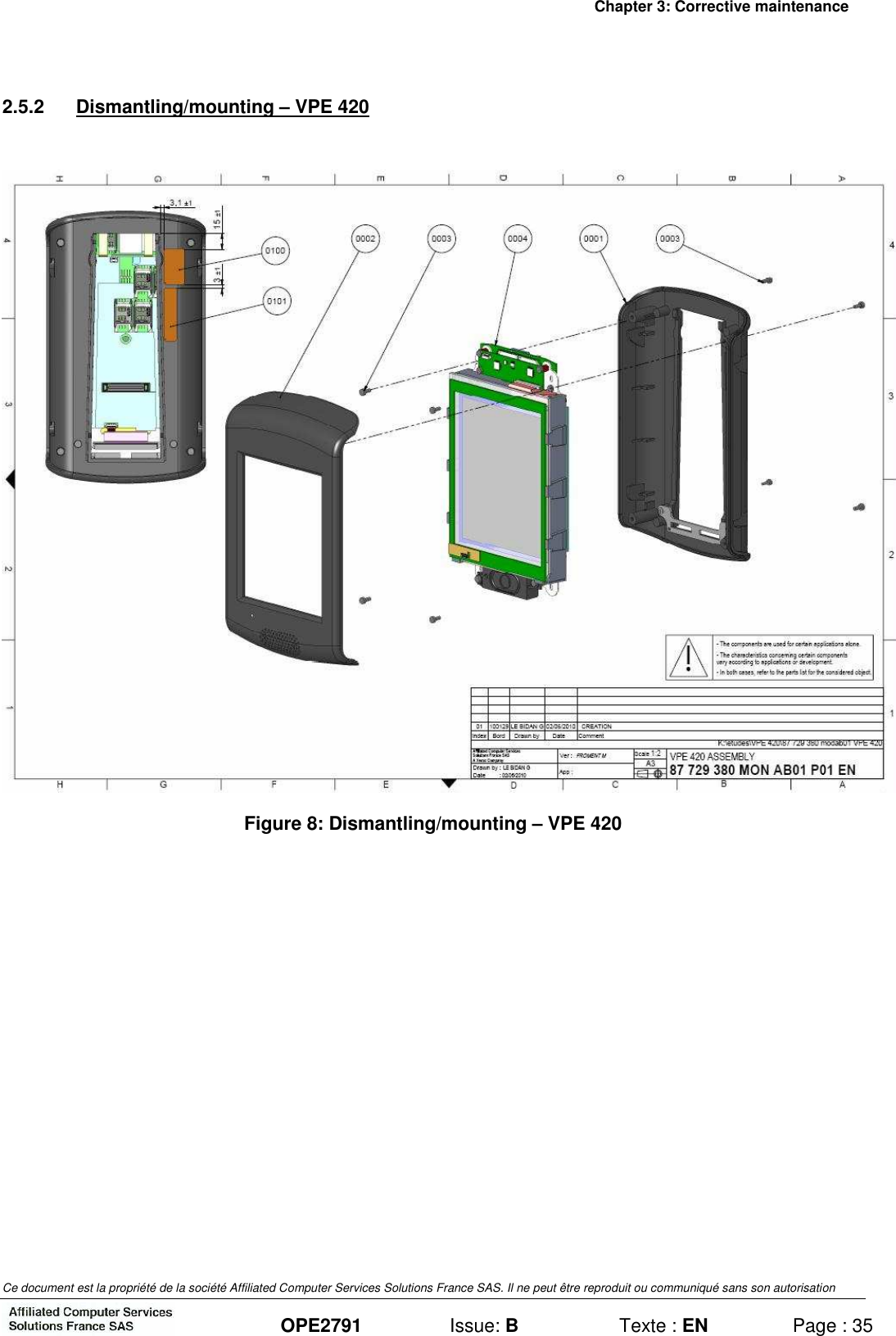 Chapter 3: Corrective maintenance Ce document est la propriété de la société Affiliated Computer Services Solutions France SAS. Il ne peut être reproduit ou communiqué sans son autorisation  OPE2791  Issue: B  Texte : EN  Page : 35 2.5.2  Dismantling/mounting – VPE 420   Figure 8: Dismantling/mounting – VPE 420  