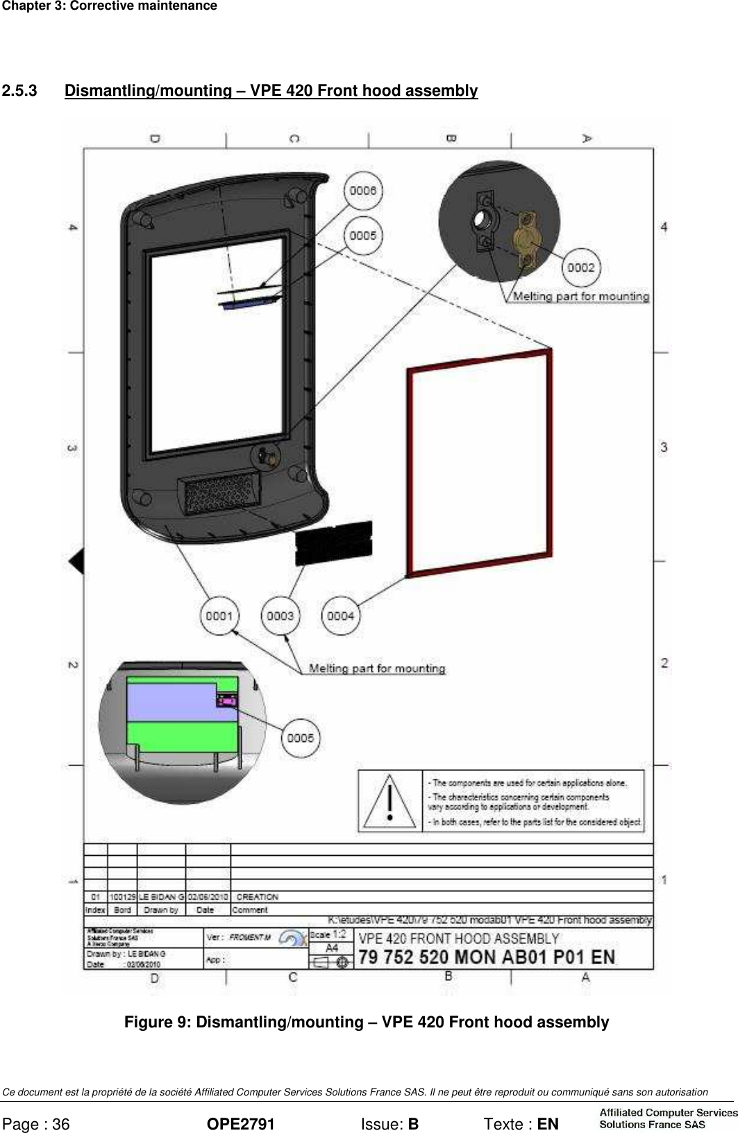 Chapter 3: Corrective maintenance Ce document est la propriété de la société Affiliated Computer Services Solutions France SAS. Il ne peut être reproduit ou communiqué sans son autorisation Page : 36 OPE2791  Issue: B  Texte : EN  2.5.3  Dismantling/mounting – VPE 420 Front hood assembly  Figure 9: Dismantling/mounting – VPE 420 Front hood assembly  