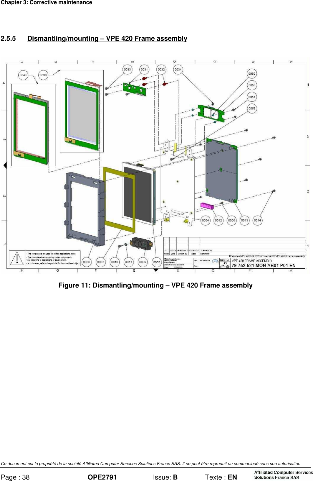 Chapter 3: Corrective maintenance Ce document est la propriété de la société Affiliated Computer Services Solutions France SAS. Il ne peut être reproduit ou communiqué sans son autorisation Page : 38 OPE2791  Issue: B  Texte : EN  2.5.5  Dismantling/mounting – VPE 420 Frame assembly   Figure 11: Dismantling/mounting – VPE 420 Frame assembly  