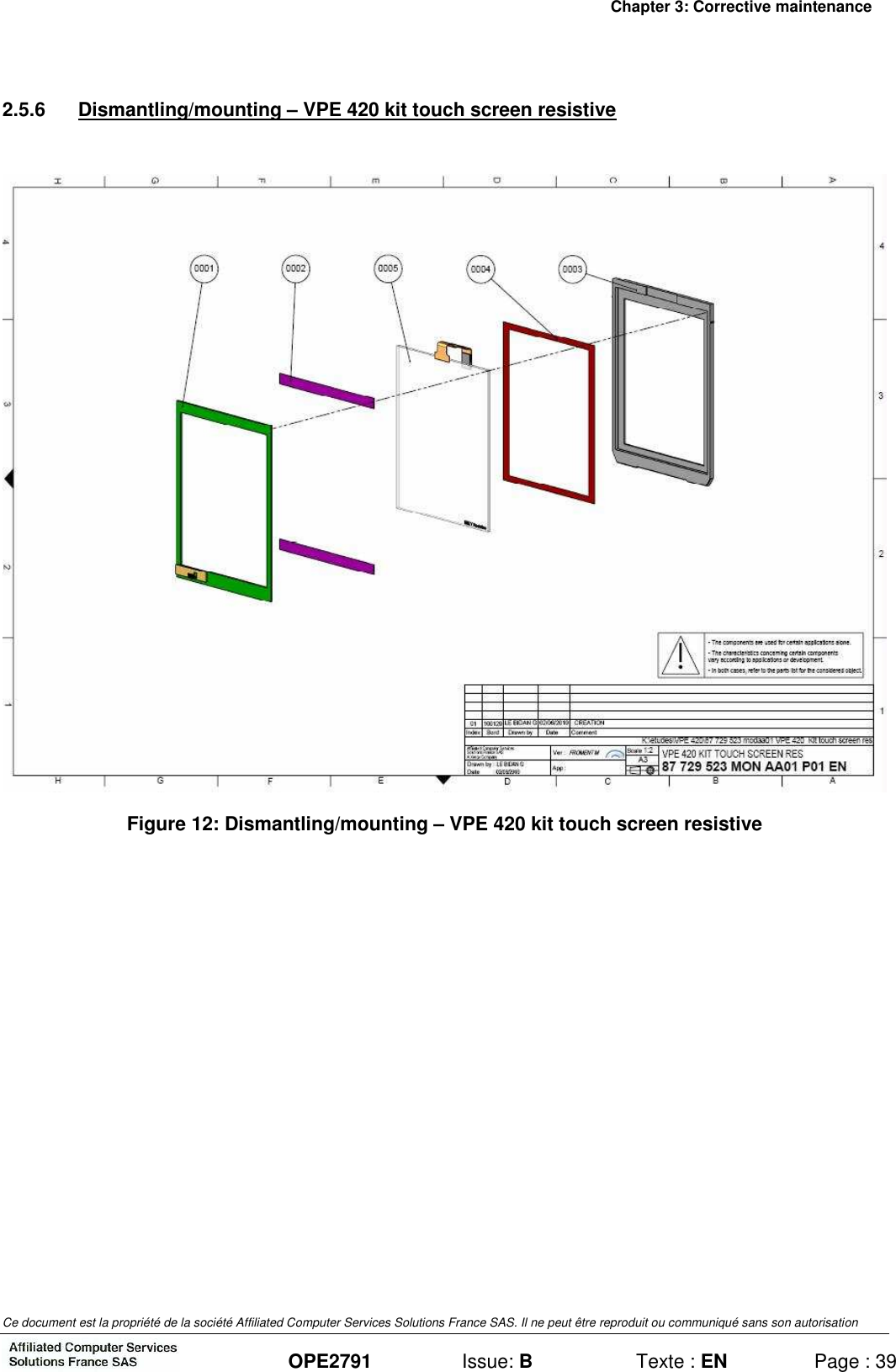 Chapter 3: Corrective maintenance Ce document est la propriété de la société Affiliated Computer Services Solutions France SAS. Il ne peut être reproduit ou communiqué sans son autorisation  OPE2791  Issue: B  Texte : EN  Page : 39 2.5.6  Dismantling/mounting – VPE 420 kit touch screen resistive   Figure 12: Dismantling/mounting – VPE 420 kit touch screen resistive  