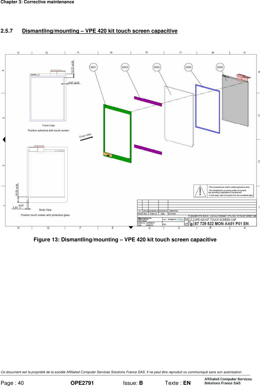 Chapter 3: Corrective maintenance Ce document est la propriété de la société Affiliated Computer Services Solutions France SAS. Il ne peut être reproduit ou communiqué sans son autorisation Page : 40 OPE2791  Issue: B  Texte : EN  2.5.7  Dismantling/mounting – VPE 420 kit touch screen capacitive   Figure 13: Dismantling/mounting – VPE 420 kit touch screen capacitive   