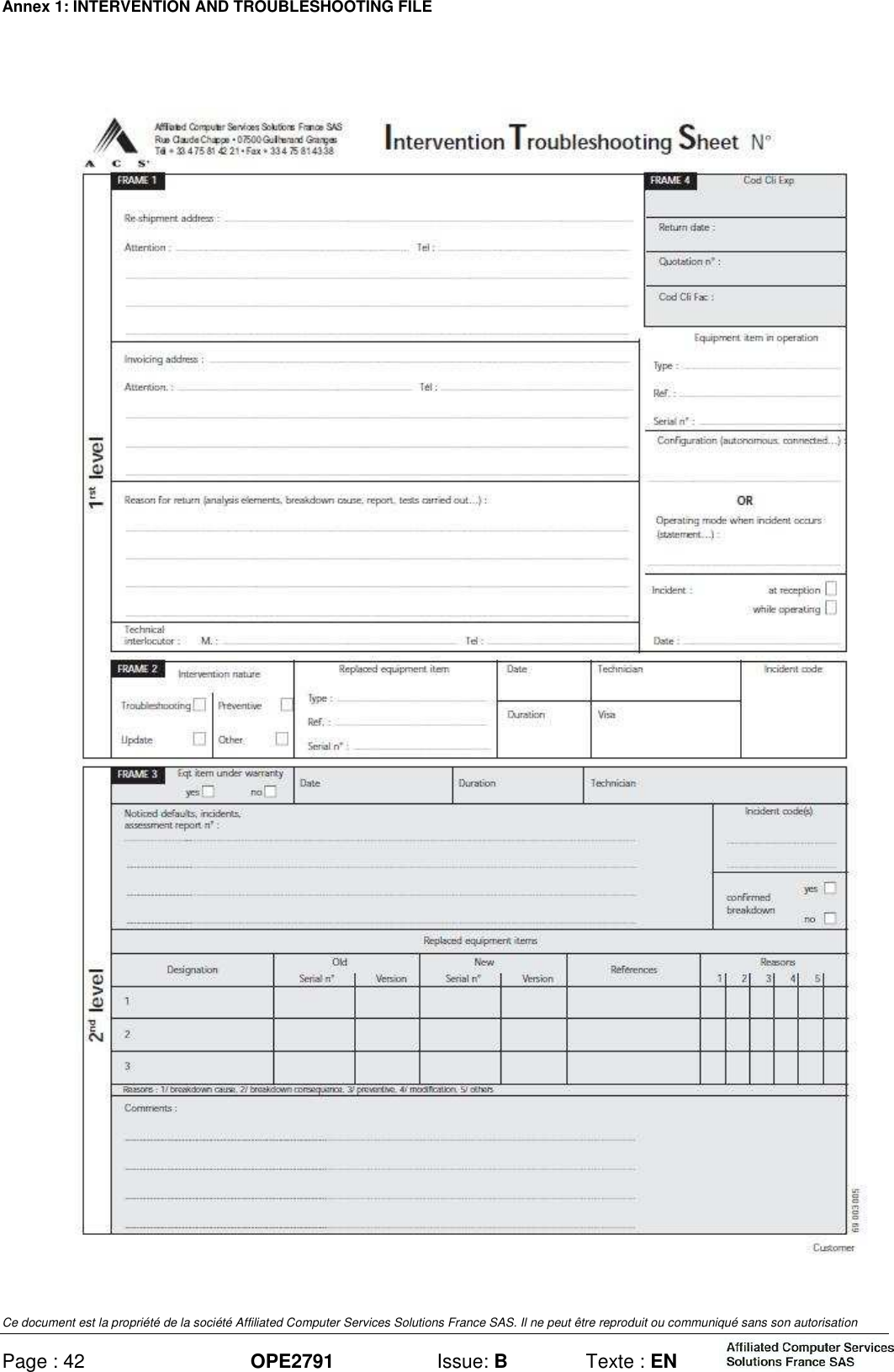 Annex 1: INTERVENTION AND TROUBLESHOOTING FILE Ce document est la propriété de la société Affiliated Computer Services Solutions France SAS. Il ne peut être reproduit ou communiqué sans son autorisation Page : 42 OPE2791  Issue: B  Texte : EN   