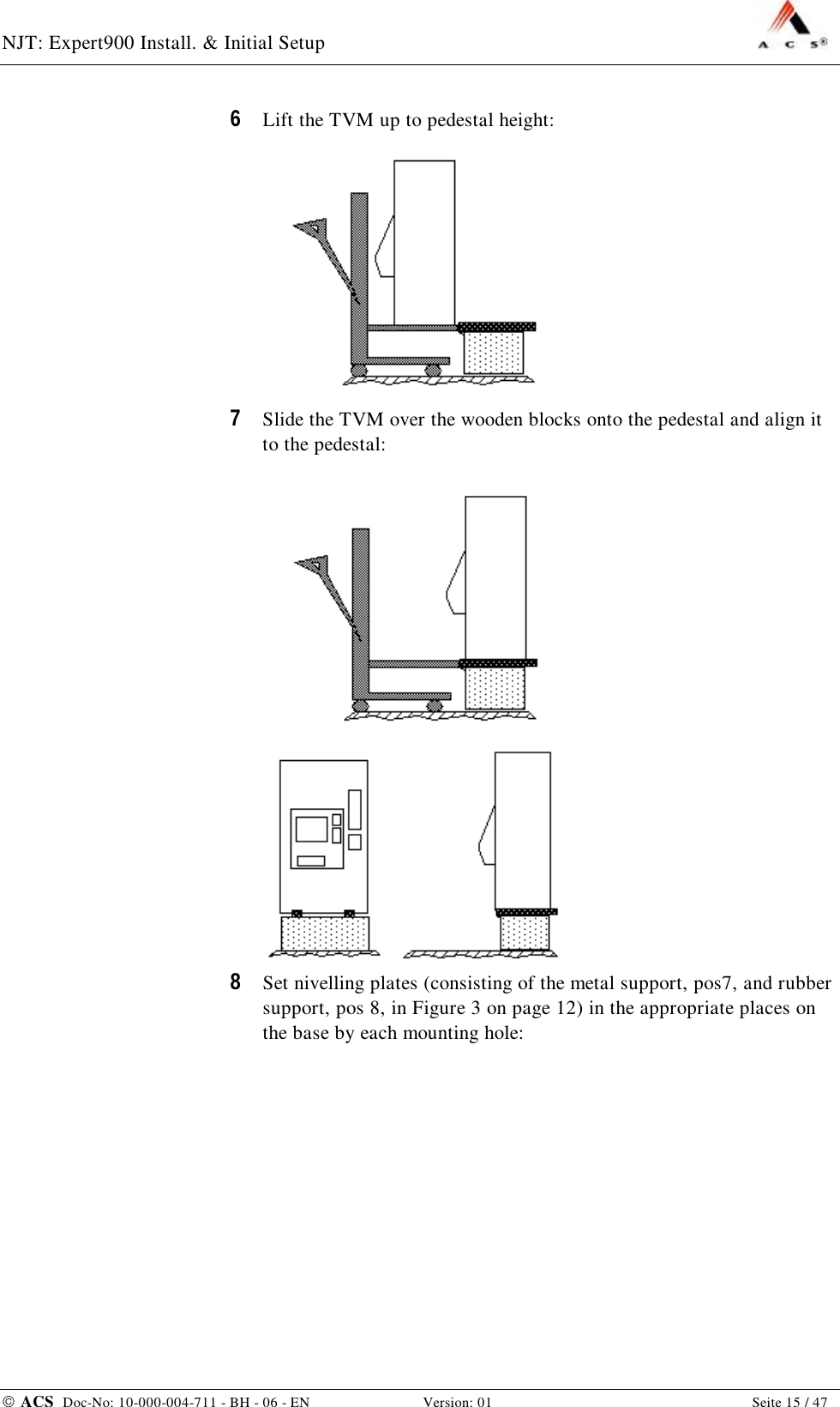 NJT: Expert900 Install. &amp; Initial Setup    ACS  Doc-No: 10-000-004-711 - BH - 06 - EN Version: 01  Seite 15 / 47 6  Lift the TVM up to pedestal height:  7  Slide the TVM over the wooden blocks onto the pedestal and align it to the pedestal:   8  Set nivelling plates (consisting of the metal support, pos7, and rubber support, pos 8, in Figure 3 on page 12) in the appropriate places on the base by each mounting hole: 