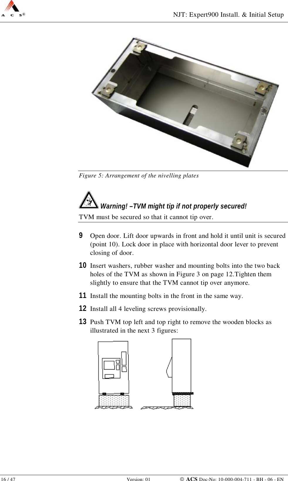  NJT: Expert900 Install. &amp; Initial Setup 16 / 47   Version: 01    ACS Doc-No: 10-000-004-711 - BH - 06 - EN  Figure 5: Arrangement of the nivelling plates  Warning! –TVM might tip if not properly secured! TVM must be secured so that it cannot tip over. 9  Open door. Lift door upwards in front and hold it until unit is secured (point 10). Lock door in place with horizontal door lever to prevent closing of door. 10  Insert washers, rubber washer and mounting bolts into the two back holes of the TVM as shown in Figure 3 on page 12.Tighten them slightly to ensure that the TVM cannot tip over anymore. 11  Install the mounting bolts in the front in the same way. 12  Install all 4 leveling screws provisionally. 13  Push TVM top left and top right to remove the wooden blocks as illustrated in the next 3 figures:  