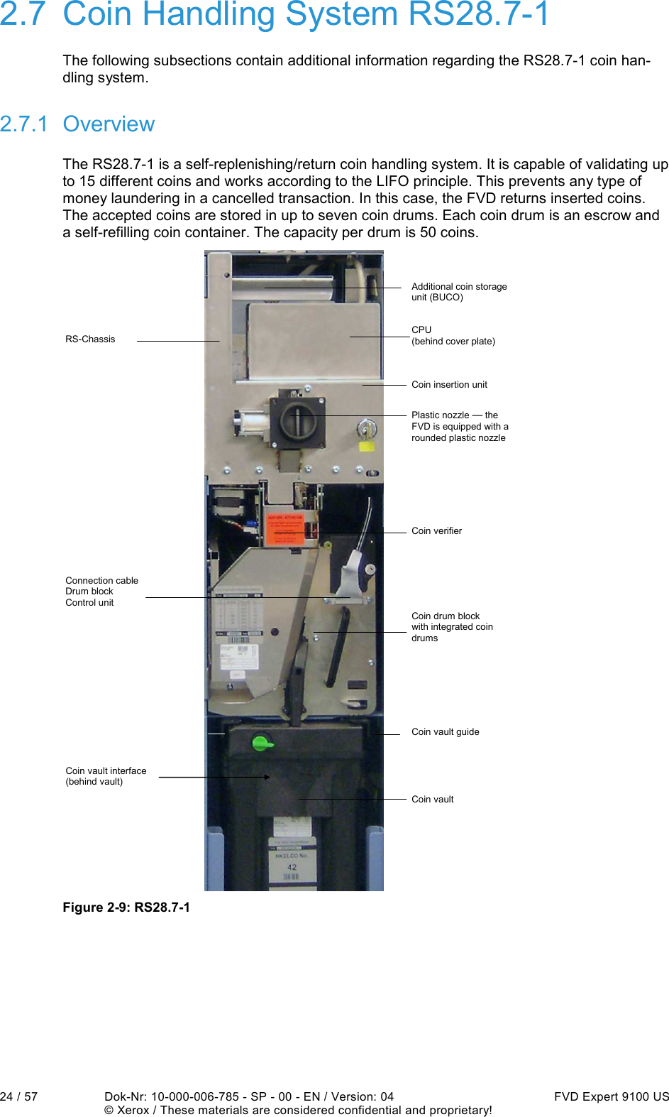  24 / 57  Dok-Nr: 10-000-006-785 - SP - 00 - EN / Version: 04  FVD Expert 9100 US   © Xerox / These materials are considered confidential and proprietary! 2.7  Coin Handling System RS28.7-1 The following subsections contain additional information regarding the RS28.7-1 coin han-dling system. 2.7.1  Overview The RS28.7-1 is a self-replenishing/return coin handling system. It is capable of validating up to 15 different coins and works according to the LIFO principle. This prevents any type of money laundering in a cancelled transaction. In this case, the FVD returns inserted coins. The accepted coins are stored in up to seven coin drums. Each coin drum is an escrow and a self-refilling coin container. The capacity per drum is 50 coins. RS-Chassis Connection cable  Drum block Control unit Additional coin storage unit (BUCO) CPU (behind cover plate) Coin insertion unit Plastic nozzle — the FVD is equipped with a rounded plastic nozzle Coin verifier Coin drum block with integrated coin drums Coin vault interface (behind vault) Coin vault guide Coin vault  Figure 2-9: RS28.7-1 