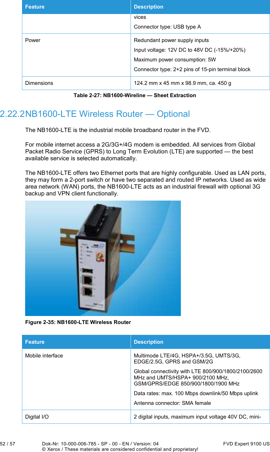  52 / 57  Dok-Nr: 10-000-006-785 - SP - 00 - EN / Version: 04  FVD Expert 9100 US   © Xerox / These materials are considered confidential and proprietary! Feature  Description vices Connector type: USB type A Power  Redundant power supply inputs Input voltage: 12V DC to 48V DC (-15%/+20%) Maximum power consumption: 5W Connector type: 2+2 pins of 15-pin terminal block Dimensions  124.2 mm x 45 mm x 98.9 mm, ca. 450 g Table 2-27: NB1600-Wireline — Sheet Extraction 2.22.2 NB1600-LTE Wireless Router — Optional The NB1600-LTE is the industrial mobile broadband router in the FVD. For mobile internet access a 2G/3G+/4G modem is embedded. All services from Global Packet Radio Service (GPRS) to Long Term Evolution (LTE) are supported — the best available service is selected automatically. The NB1600-LTE offers two Ethernet ports that are highly configurable. Used as LAN ports, they may form a 2-port switch or have two separated and routed IP networks. Used as wide area network (WAN) ports, the NB1600-LTE acts as an industrial firewall with optional 3G backup and VPN client functionally.  Figure 2-35: NB1600-LTE Wireless Router Feature  Description Mobile interface  Multimode LTE/4G, HSPA+/3.5G, UMTS/3G, EDGE/2.5G, GPRS and GSM/2G Global connectivity with LTE 800/900/1800/2100/2600 MHz and UMTS/HSPA+ 900/2100 MHz, GSM/GPRS/EDGE 850/900/1800/1900 MHz Data rates: max. 100 Mbps downlink/50 Mbps uplink Antenna connector: SMA female Digital I/O  2 digital inputs, maximum input voltage 40V DC, mini-